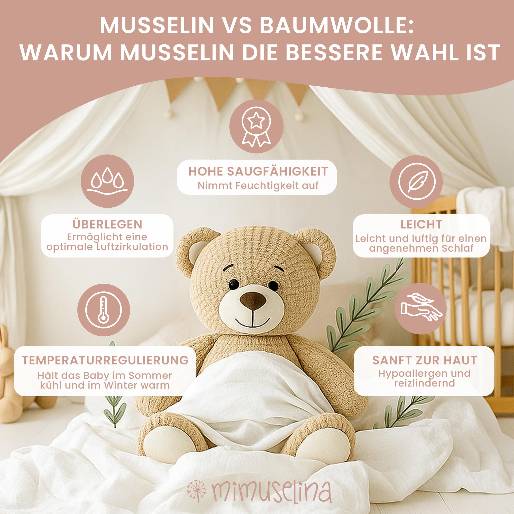 Mimuselina Spannbettlaken Stubenwagen 35x75 – 2er-Pack Stubenwagen Bezug 75x35 aus 100% weicher, atmungsaktiver Musselin-Baumwolle – Handgefertigt in Spanien – [Mint + Sand]