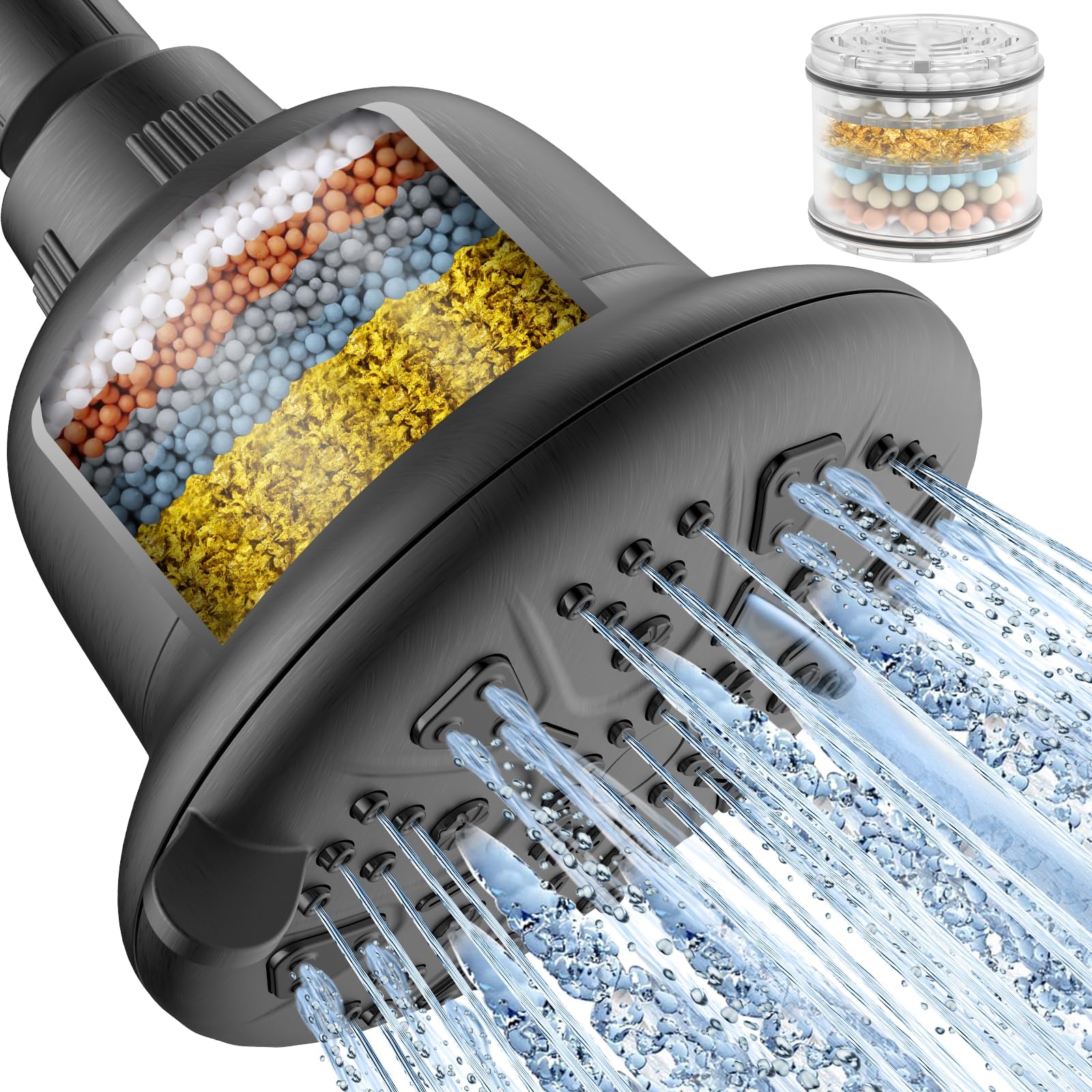 MakeFit Filtered Shower Head - High Pressure Shower Head with filter for Hard Water - Rain Shower Head Water Softener - Luxury 7 Settings Adjustable Water Filter Showerhead Body Sprays (Gray)