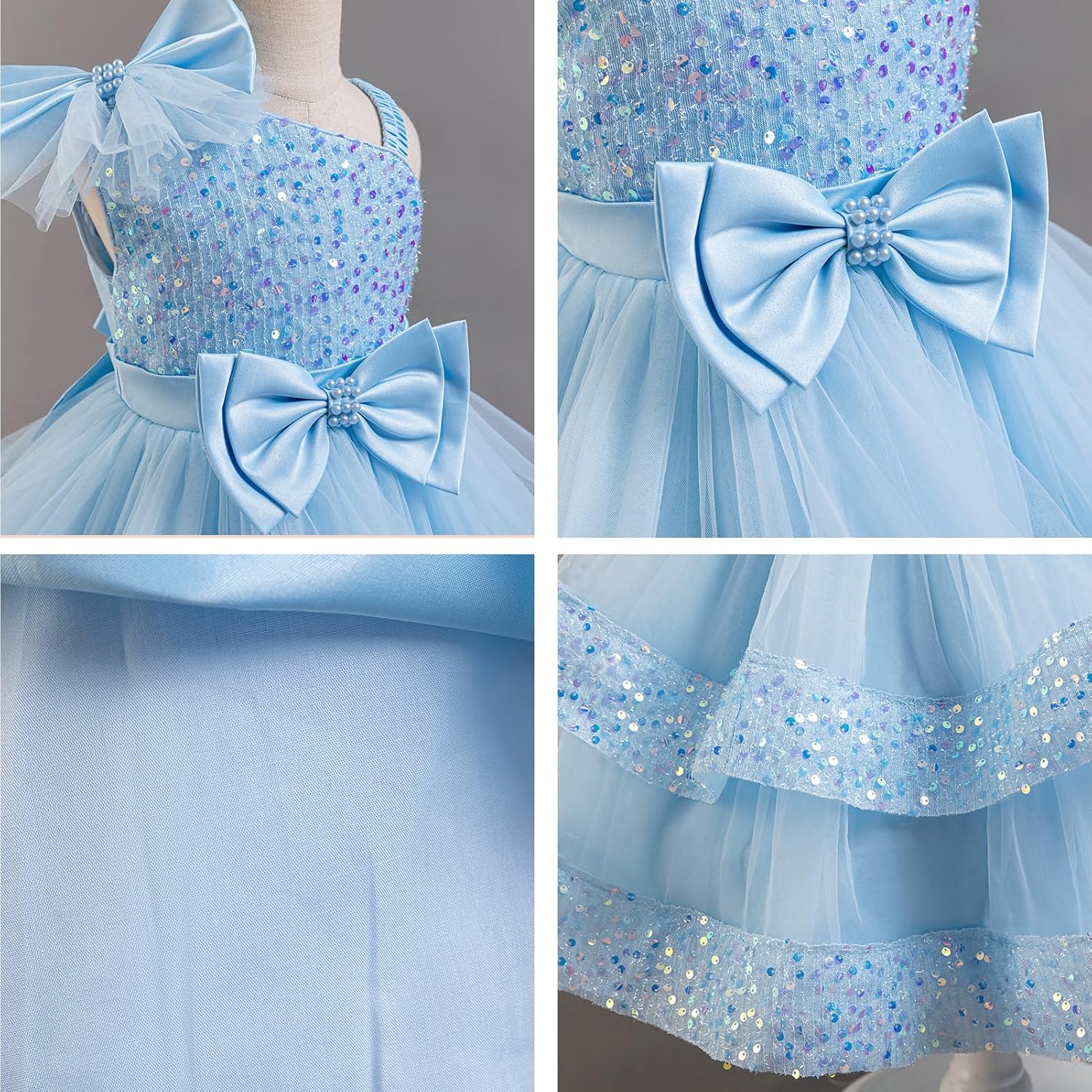 IMEKIS Toddler Baby Girls Pageant Dress Shiny Bow Asymmetric Shoulder Formal Birthday Party Tiered Tulle Gowns 1-8T
