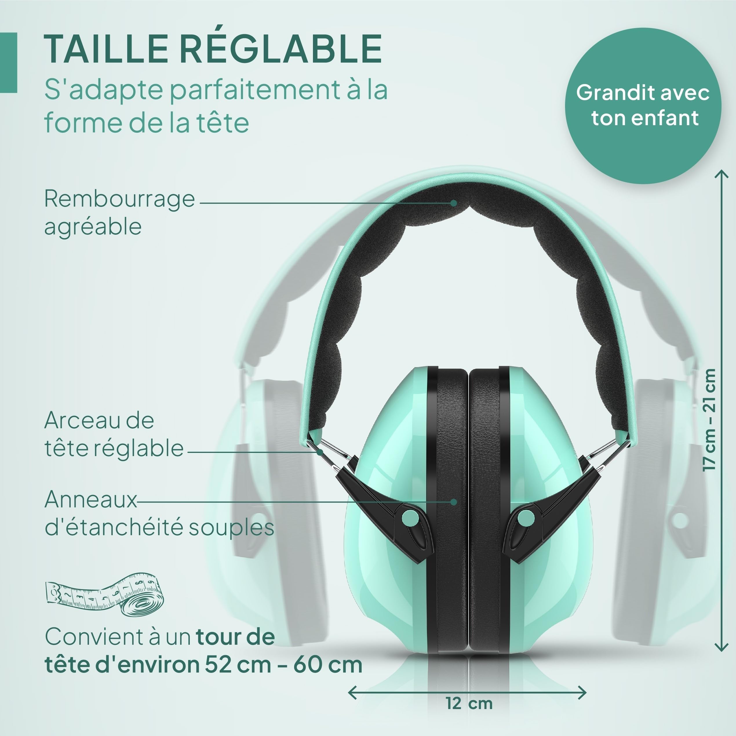 Senner ® KidsPro | Protection auditive enfants - Casque antibruit avec un SNR élevé de 28 dB - jusqu'à 12 ans - évolutif - Protège-oreilles pour enfants - Turquoise