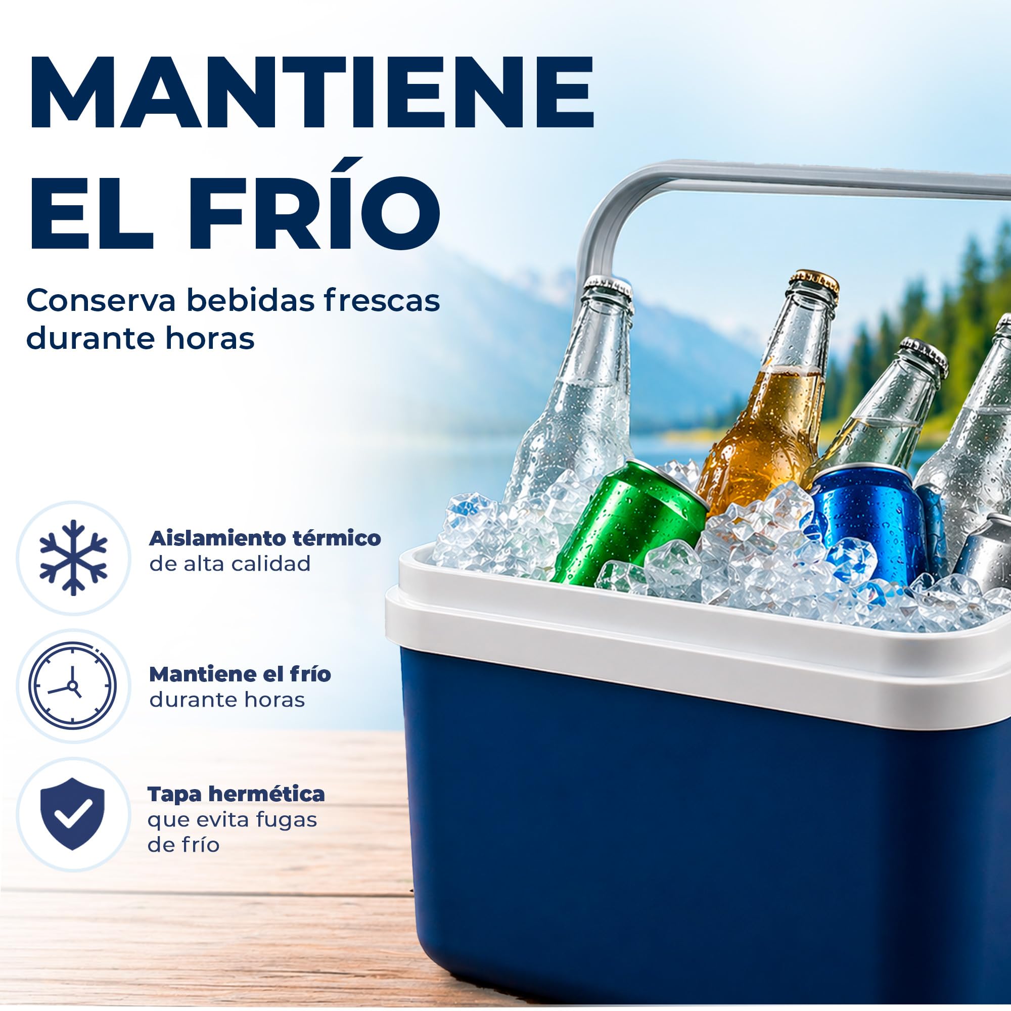 Nevera Portatil Playa Rígida L - Polipropileno de Color Blanca y Azul - Resistente y Duradera Ideal para Camping, Barbacoas, Picnic - Fabricada en España