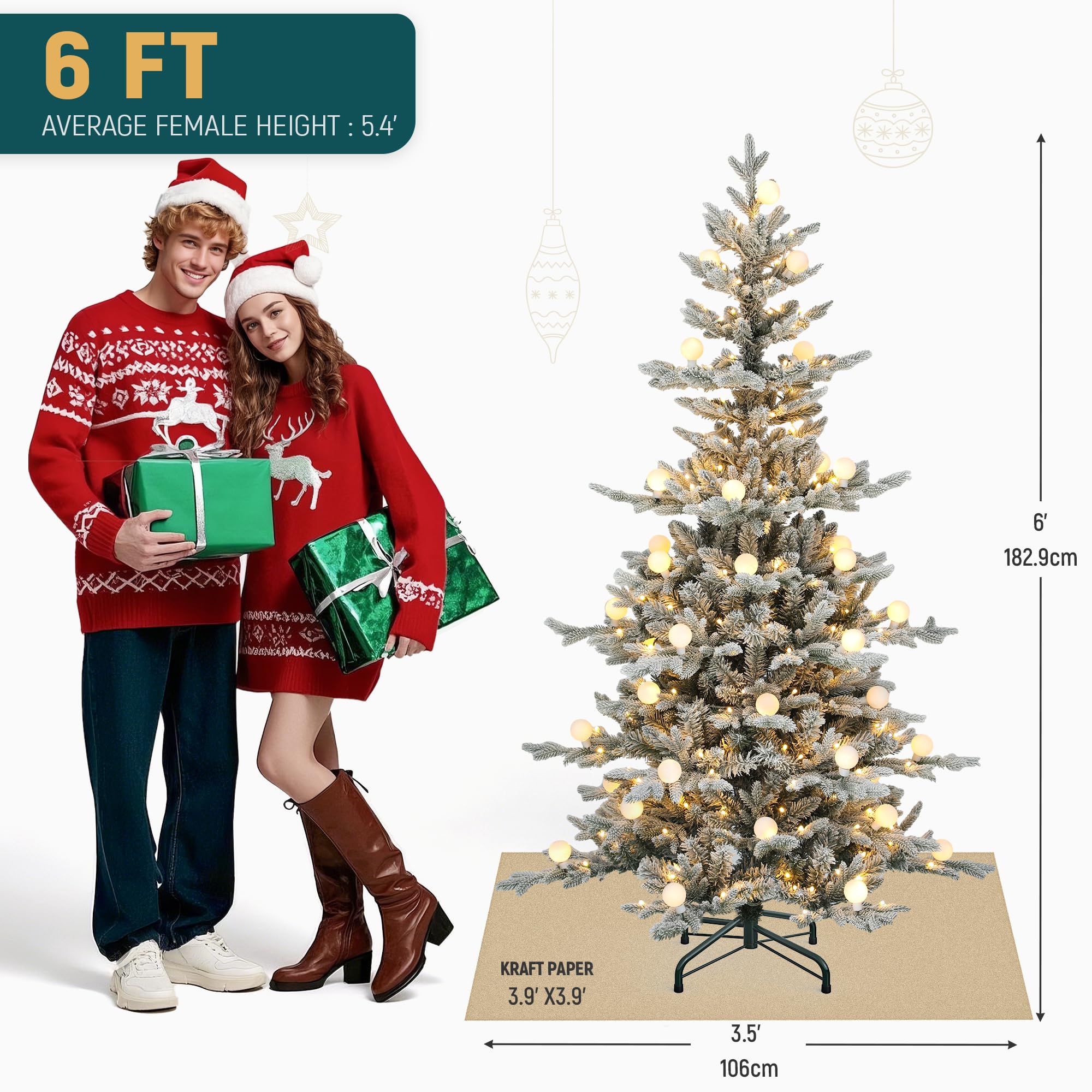 YITAHOME Albero di Natale artificiale da 180 cm con telecomando, albero innevato con tecnologia a cerniera, 1338 punte di rami, 270 luci bianco caldo e multicolori con paralumi rimovibili, 11 modalità