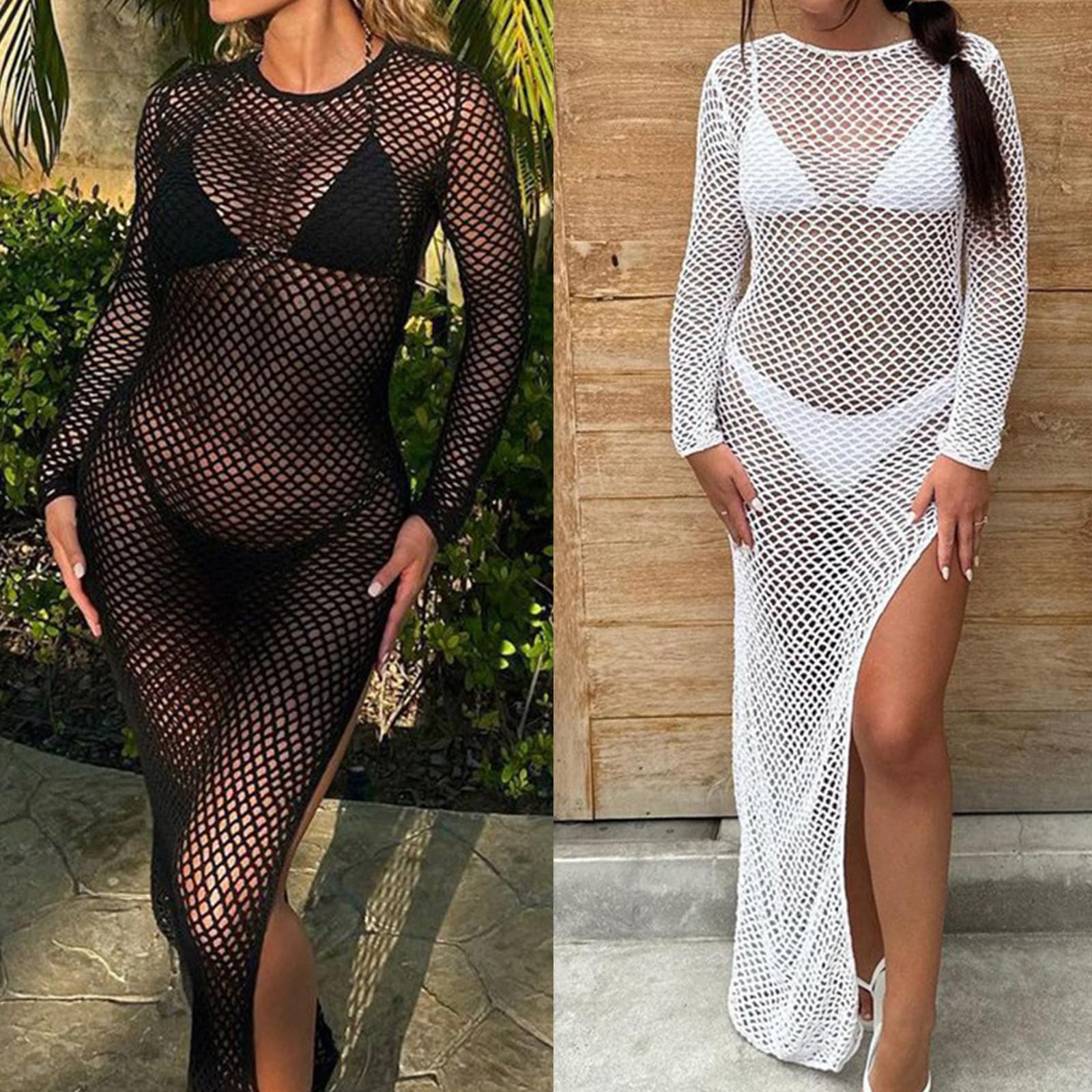 Abito aderente da donna all'uncinetto con allacciatura sul retro, a maniche lunghe, con spacco laterale, costume da bagno da spiaggia