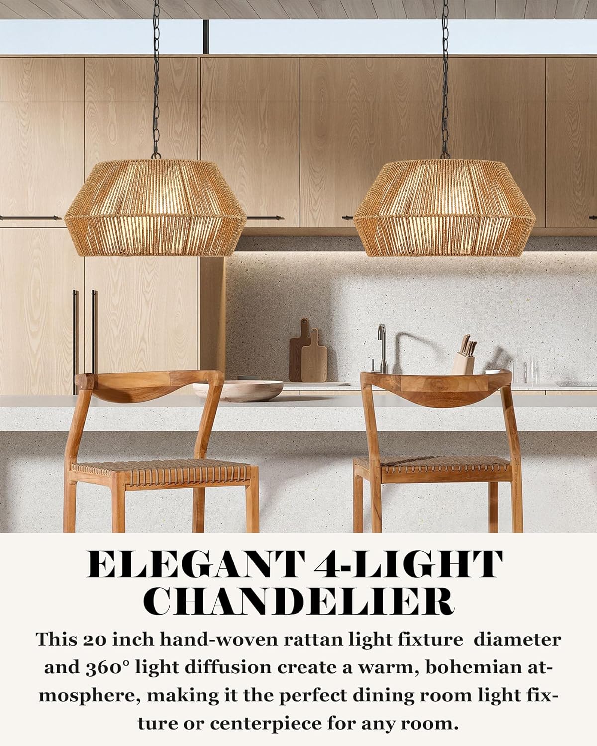 ELYONA 20" Large Rattan Chandelier Light Fixtures, 4-Lights Boho Pendant Light, Adjustable Woven Chandelier for Dining Room with Fabric Shade, Rustic Hanging Light for Kitchen Island,Living Room