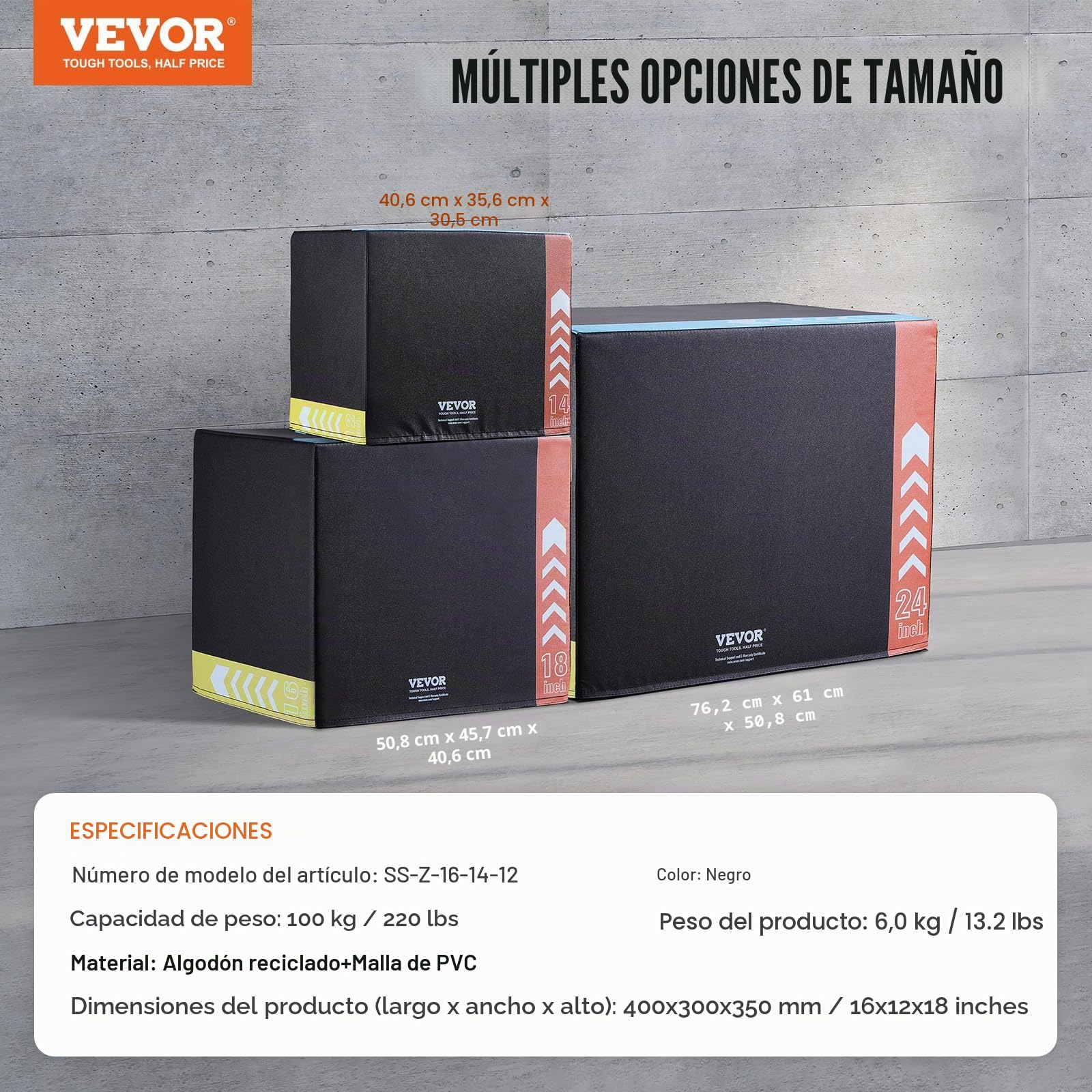 VEVOR Caja de Salto Pliométrica 3 en 1 Caja de Salto Tejido de Malla de PVC y Algodón Caja de Ejercicios de Fitness Antideslizante Capacidad de Peso 100kg para Entrenamiento en Gimnasio, Casa, Negro