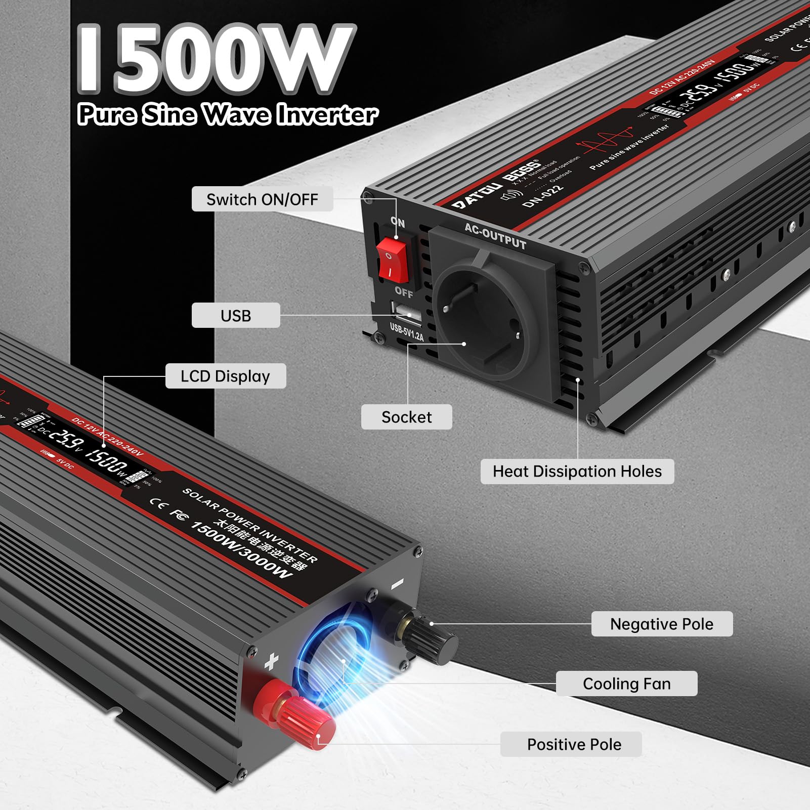 DATOUBOSS Przetwornica napięcia 24 V na 230 V, czysta sinusoidalna 1500 W/3000 W, z wyświetlaczem LCD, portami USB i gniazdami UE do domów, przyczep kempingowych