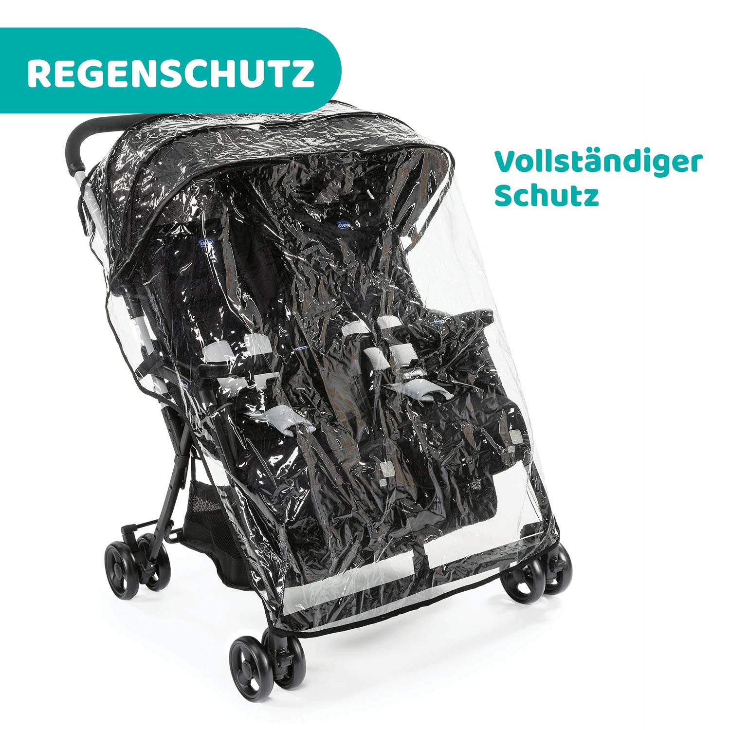 Chicco OHlalà Twin Geschwisterwagen bis 15 kg, Zwillingsbuggy faltbar verstellbar mit Regenschutz und Verdeck