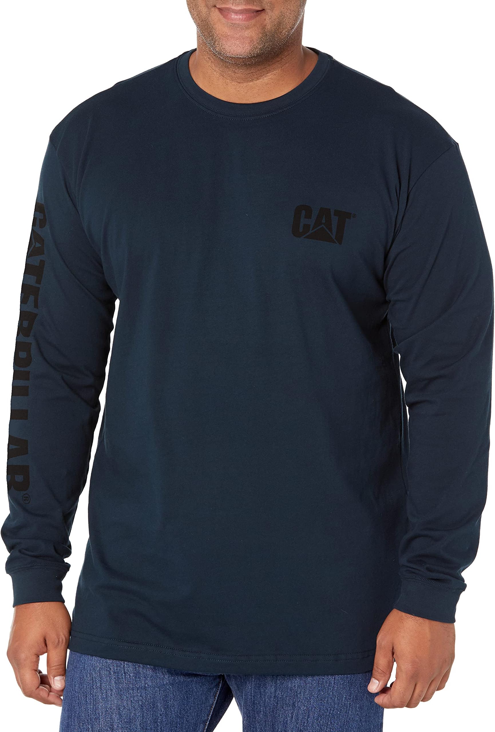Caterpillar Trademark Banner Long Sleeve Tee Shirts for Men with Center Back Neck Wire Management Loop and Cat Workwear Logo