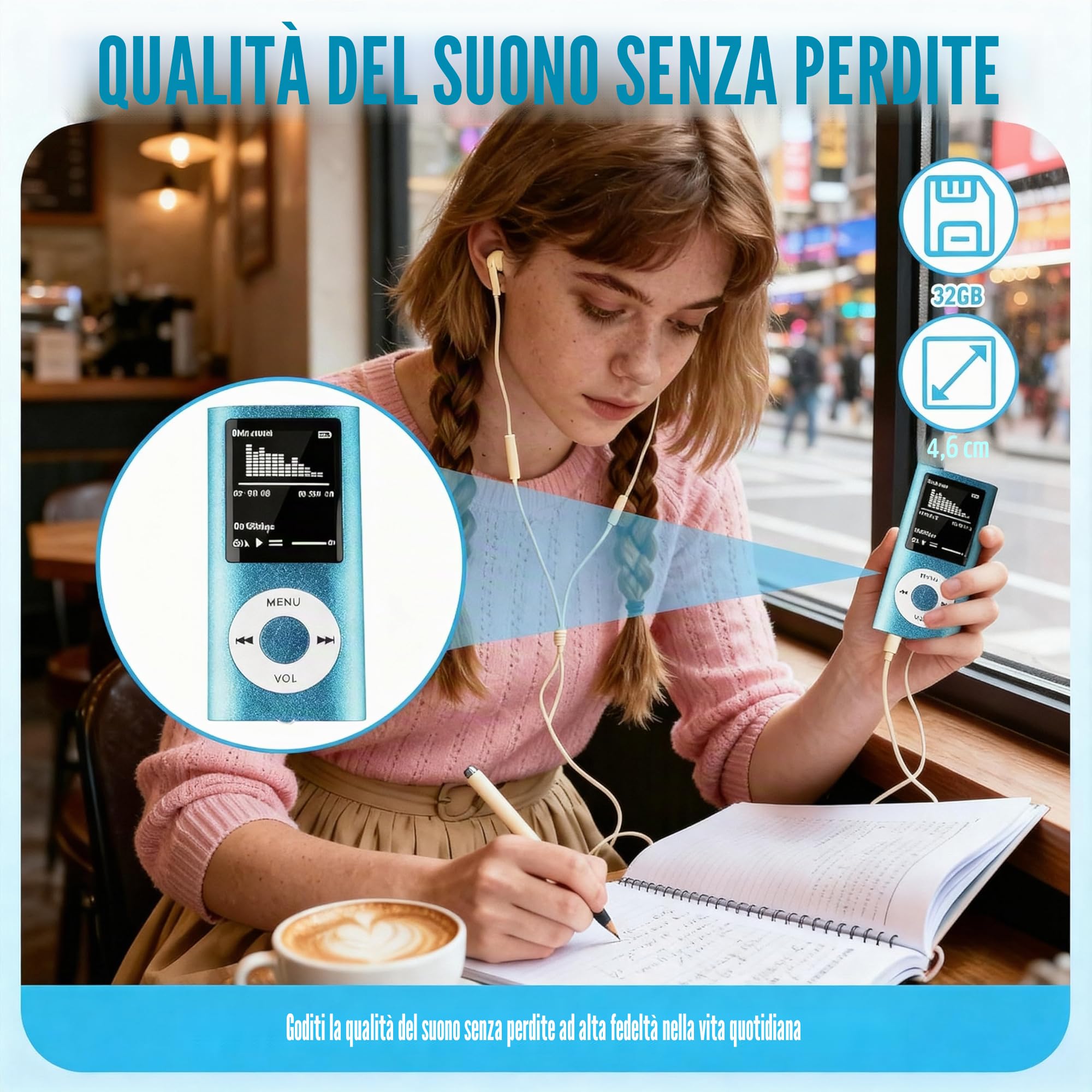 MP3 Lettore Musicale HiFi Portatile Senza Perdita Con, Blu, Con Schermo LCD Da 1,8 Pollici E Slot Di Memoria, Max Support 32 GB Memory Card, Dispositivo Multifunzionale Per Sport E Bambini