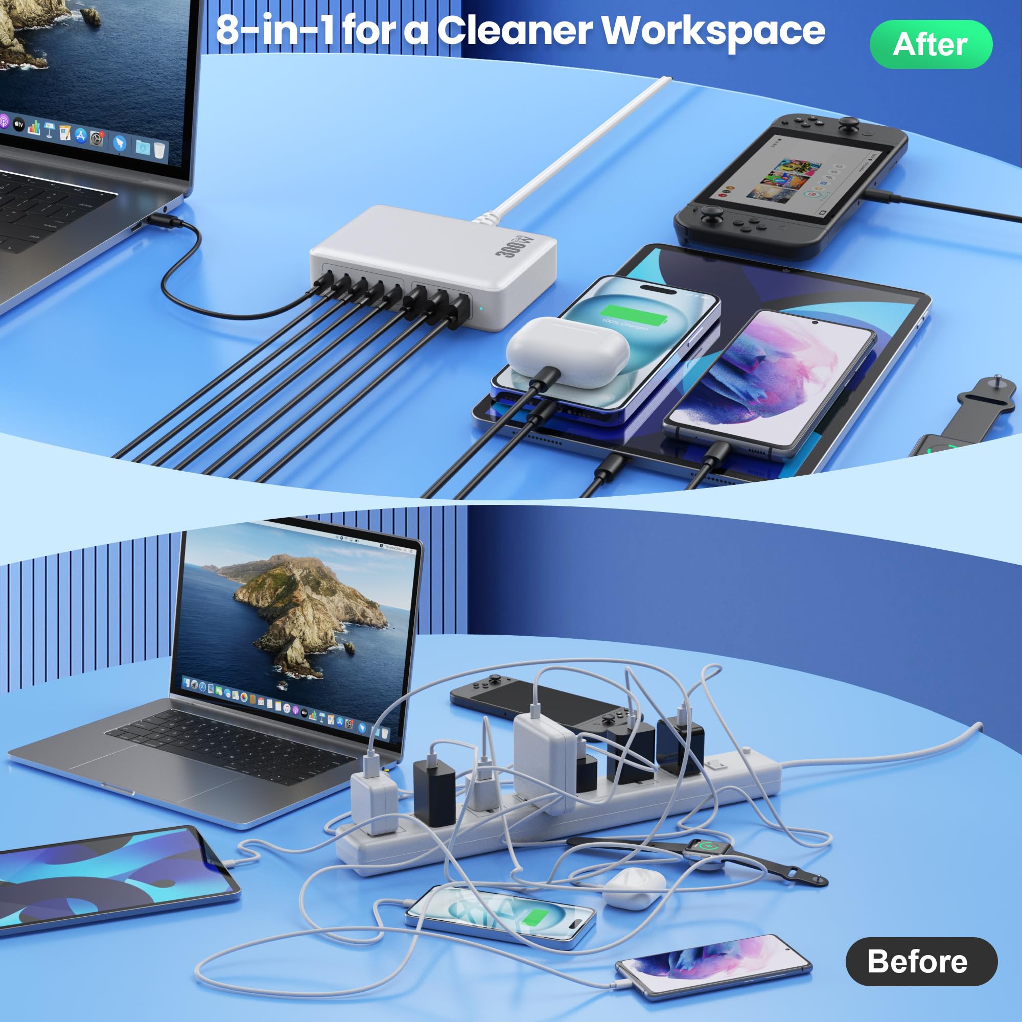 300W USB C Ladegerät Mehrfach, 8 Ports Schnellladegerät Ladestation Mit 5 USB-C und 3 USB-A Charger PD PPS 100W Netzteil für Laptop, MacBook, iPad, iPhone 16/15/14...Sumsung usw-Weiß