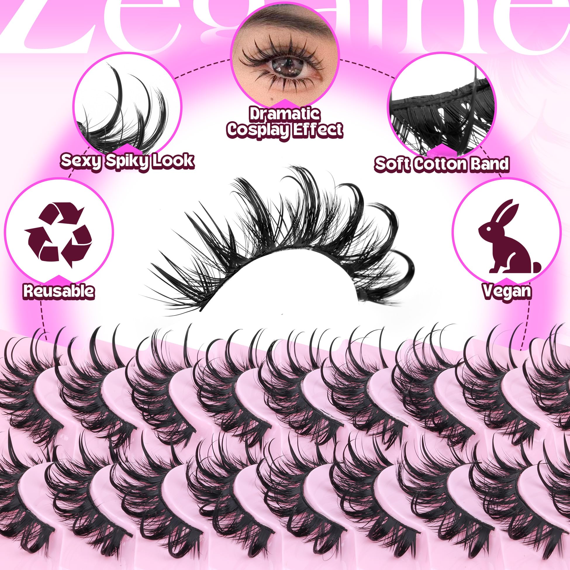 Zegaine D Curl Cat Eye False Lashes - Dramatic Manga Style Wispy Spiky Eyelashes for Cosplay - Wet Look Thai Anime 12-20MM 9 works - Image 3