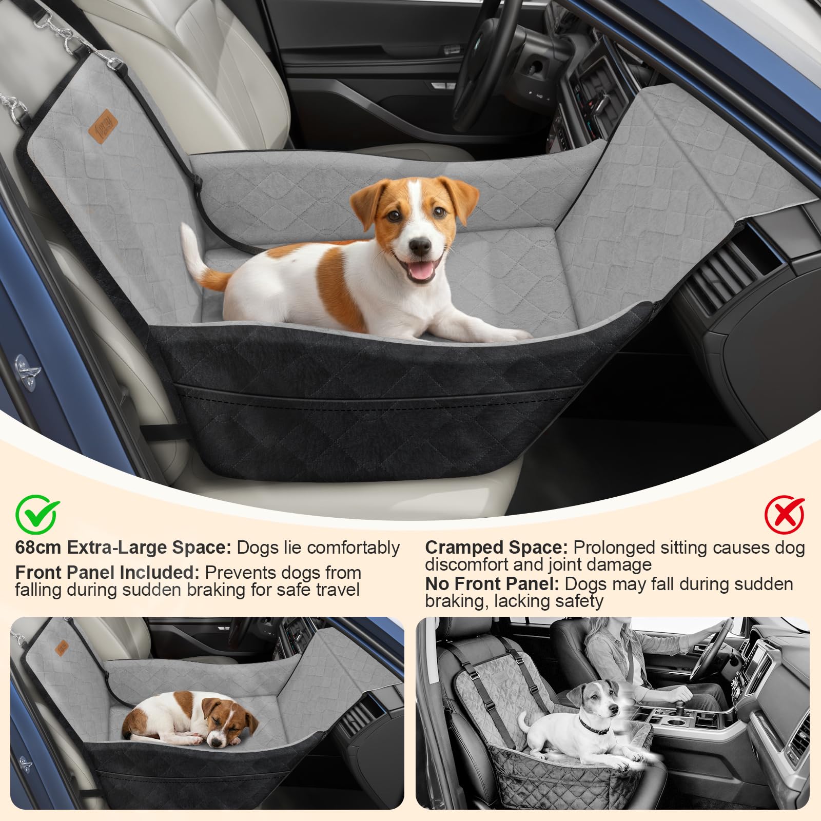 Seggiolino Auto Rialzato per Cani, Sedile Auto per Cani Piccoli e Medi fino a 16kg, Cuscino in Schiuma Lavabile, 3 Cinture di Sicurezza e 2 Tasche Portaoggetti, Nero & Grigio