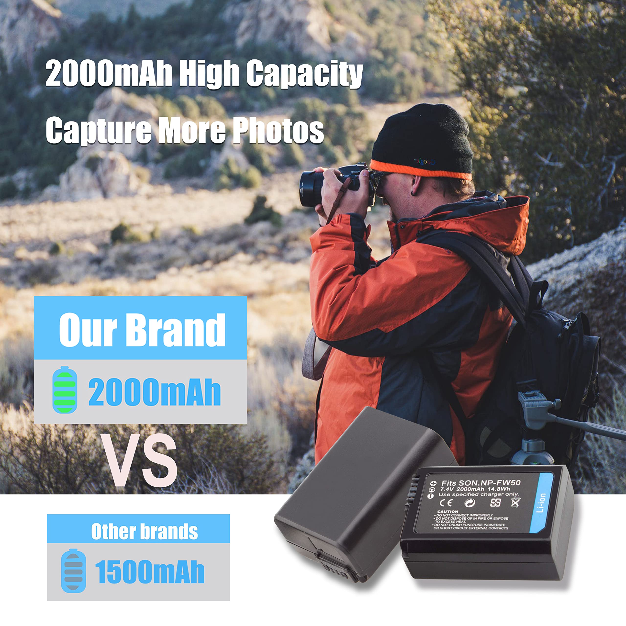 NP-FW50 Akkus 2000mAh und LED Dual Ladegerät für Sony Alpha A6000 A6500 A6400 A6300 A7, A7II, A7R, A7RII, A7S, A7SII, A7S2, RX10, NEX-3/5/7, 6000, 6400, ZV-E10 Kamera (2-Packung)