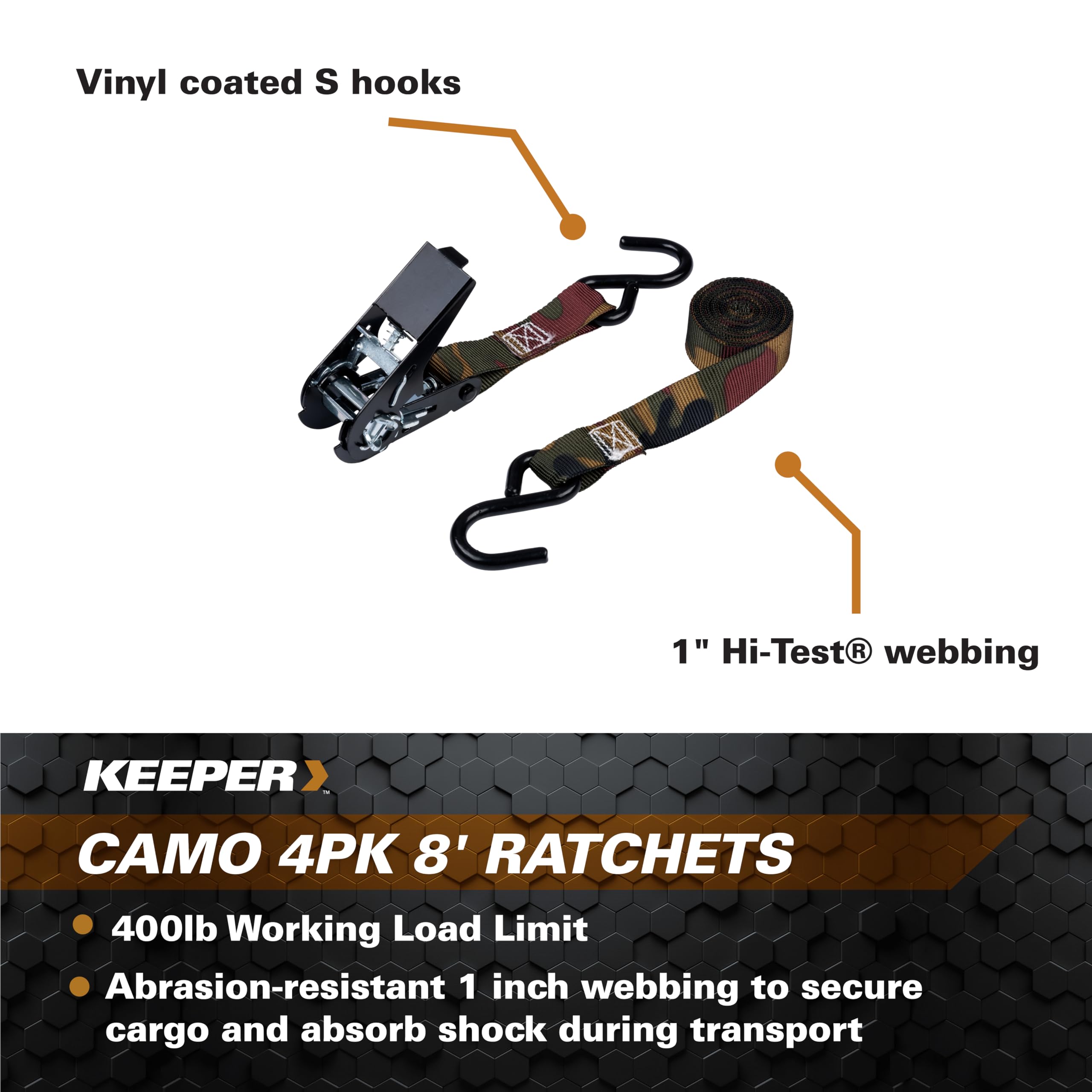 KEEPER Hampton PROD 03508-V Camo 4PK 8' Ratchets, 400 lbs Working Load Limit