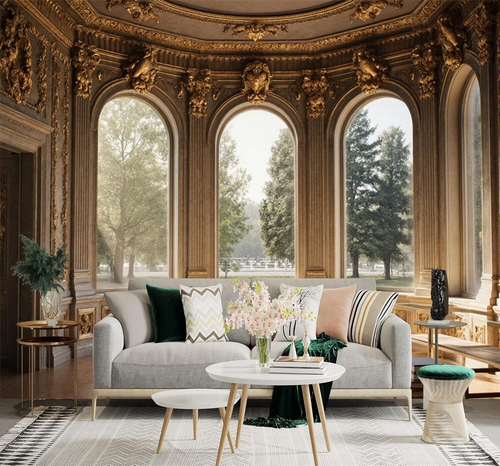 Xlming 300Cm×210Cm(B×H) Elegant Palace Arched Windows Gilded Wall Decorations Sun Drenched Garden Scenery 3D Wallpaper Premium Textured Silk Study Dining Living Room Bedroom Sofa Tv Wall Easy Install-300Cm×210Cm