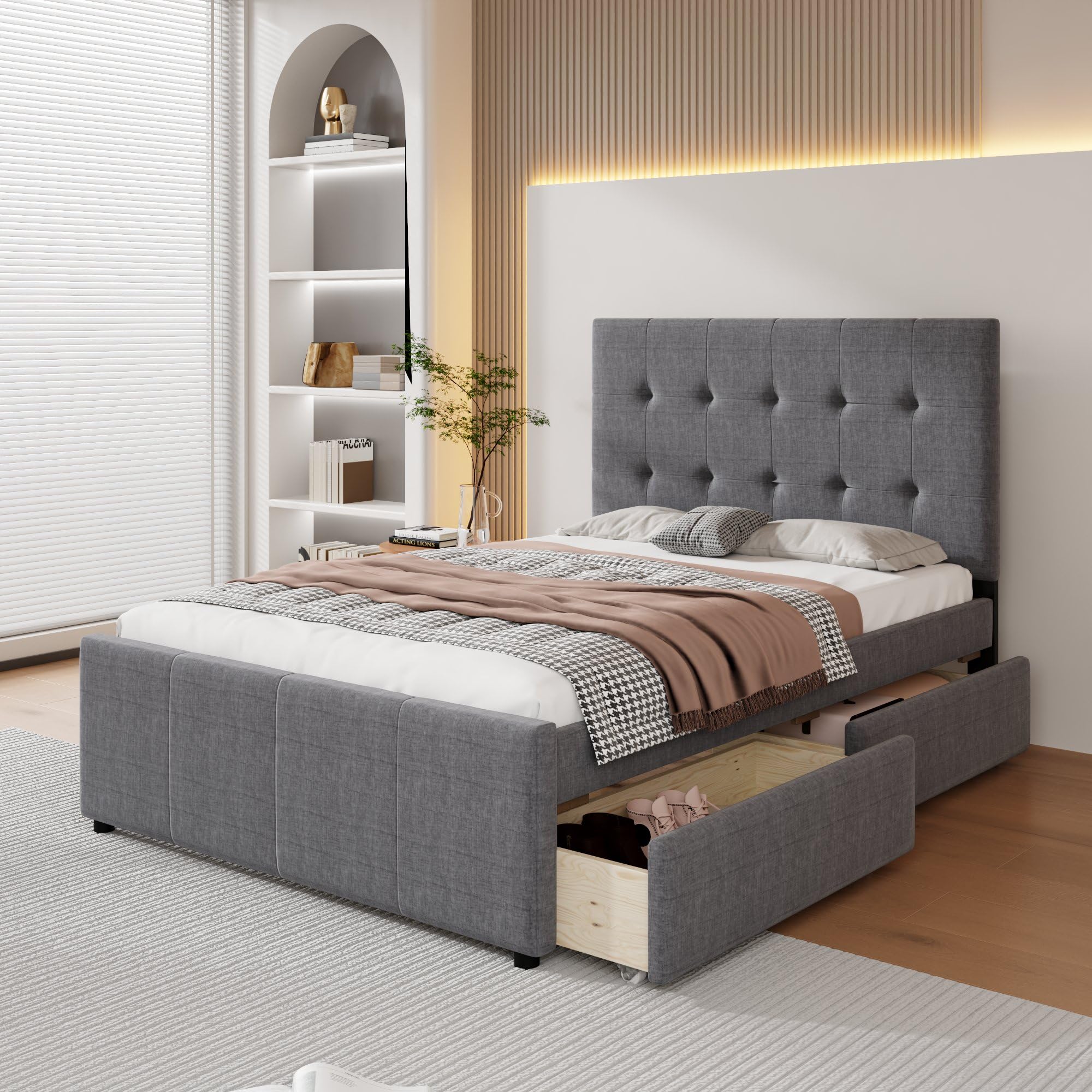 Linen Upholstered Twin Platform Bed with Headboard & Drawers
