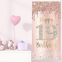 Vista 3 de Decoración de Puerta de Cumpleaños Feliz 19 para Niñas, Telón de Fondo Rosa Oro para Cubierta de Puerta de 19 Cumpleaños, Cartel de Fiesta