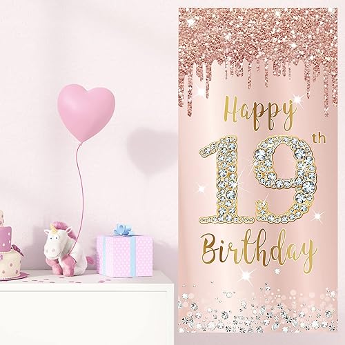 Miniatura 3 de Decoración de Puerta de Cumpleaños Feliz 19 para Niñas, Telón de Fondo Rosa Oro para Cubierta de Puerta de 19 Cumpleaños, Cartel de Fiesta