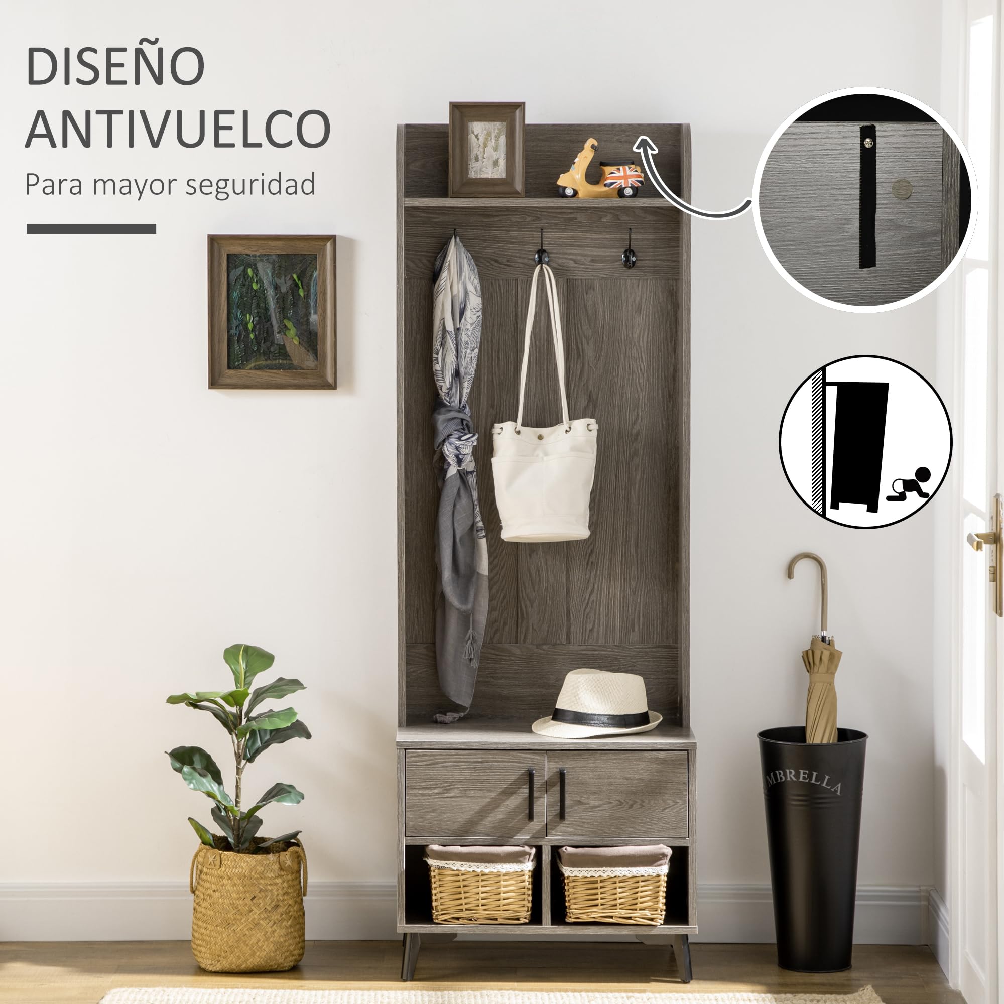 HOMCOM Perchero con Zapatero Recibidor con 3 Ganchos 60x34x170 cm Gris | Perchero Entrada, 2 Puertas, 2 Compartimientos, Estante de Almacenamiento, para Pasillo