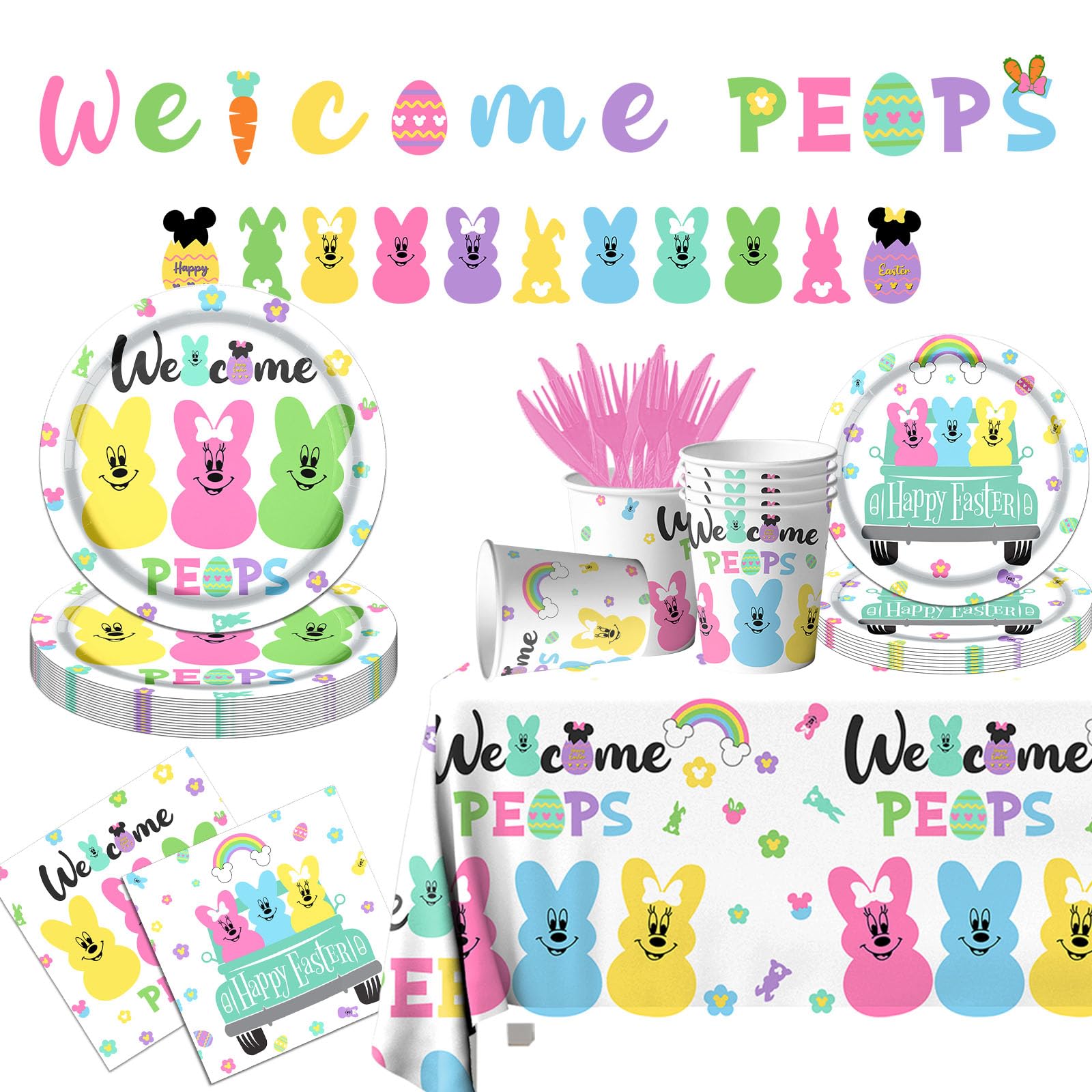Photo 1 of *2 packs* Welcome Bunny Easter Tableware,142pcs Mouse Happy Easter Party Decoration Bunny Easter Party Plates and Napkins Supplies for Mouse Theme Easter Party Supplies Easter Bunny