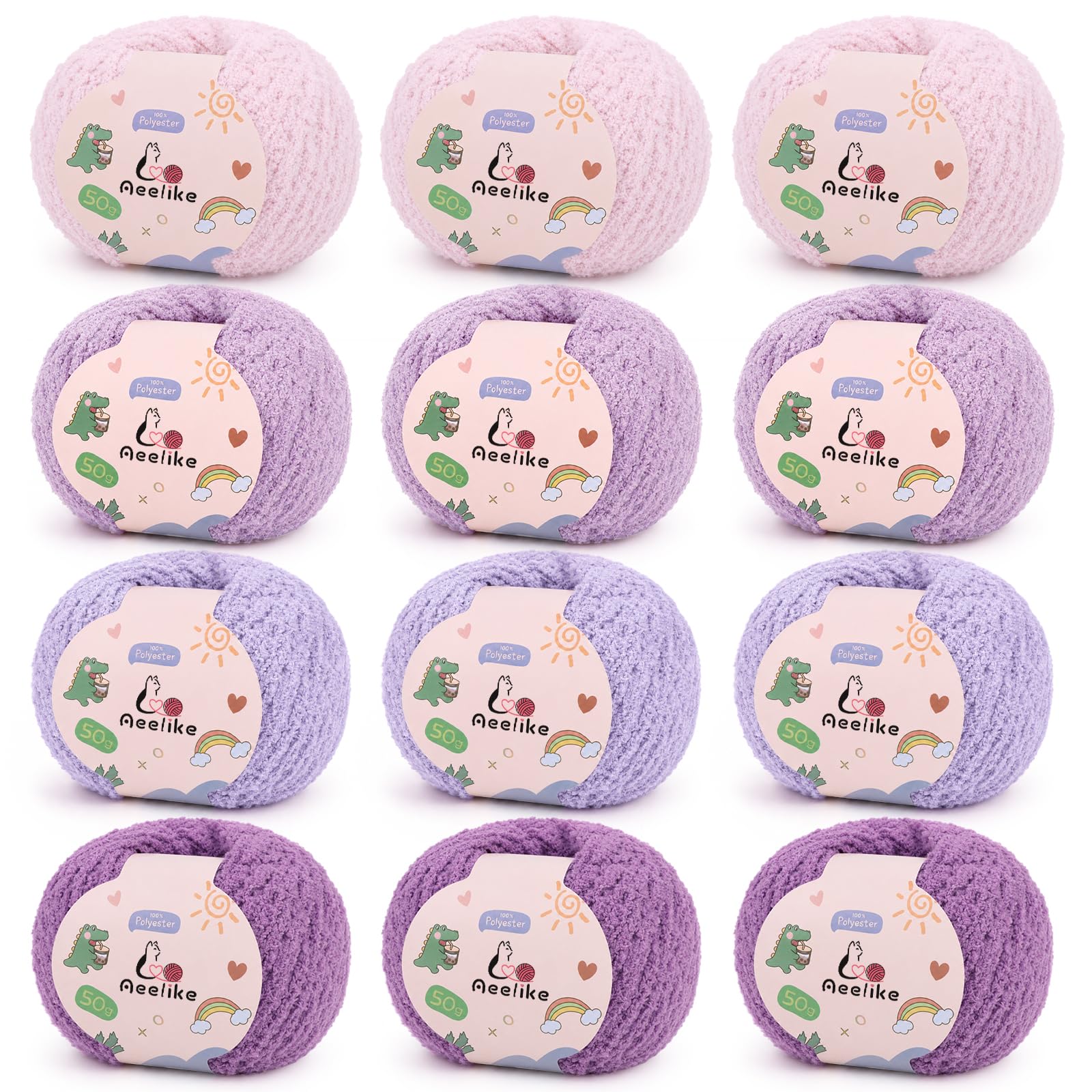 Aeelike Fluffy Yarn 12x50g, Purple Fluffy Wool for Knitting and Crocheting