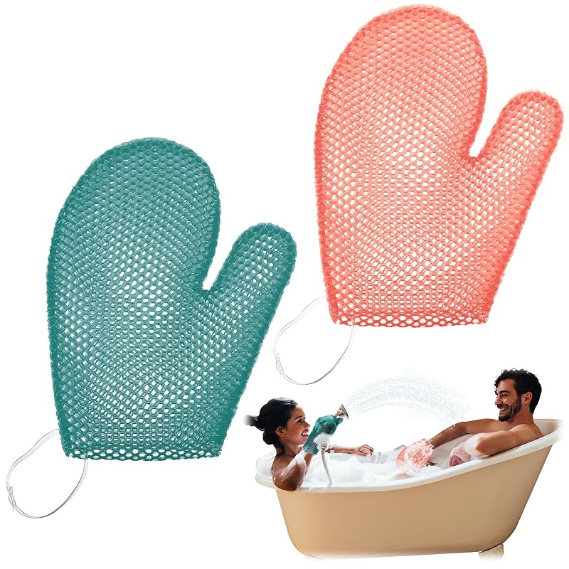 Karenhi Luvas de Banho com Design de Colmeia Verde e Rosa, Pacote com 2