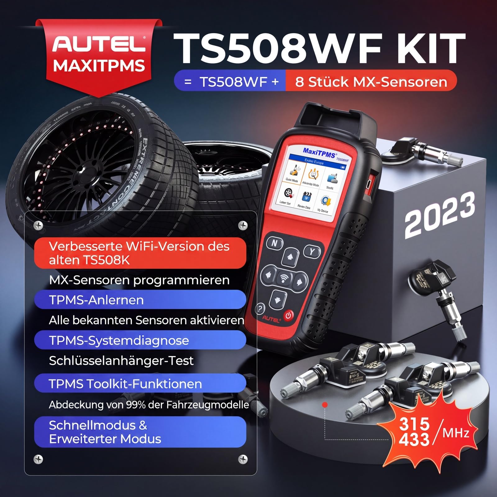 Autel MaxiTPMS TS508WF WiFi RDKS Kit inklusive 8 MX-Sensoren TPMS Diagnose | 2 Programmierverfahren, drei Anlernarten, alle Sensoren aktivierbar, lebenslang Updates, 1 Jahr Garantie