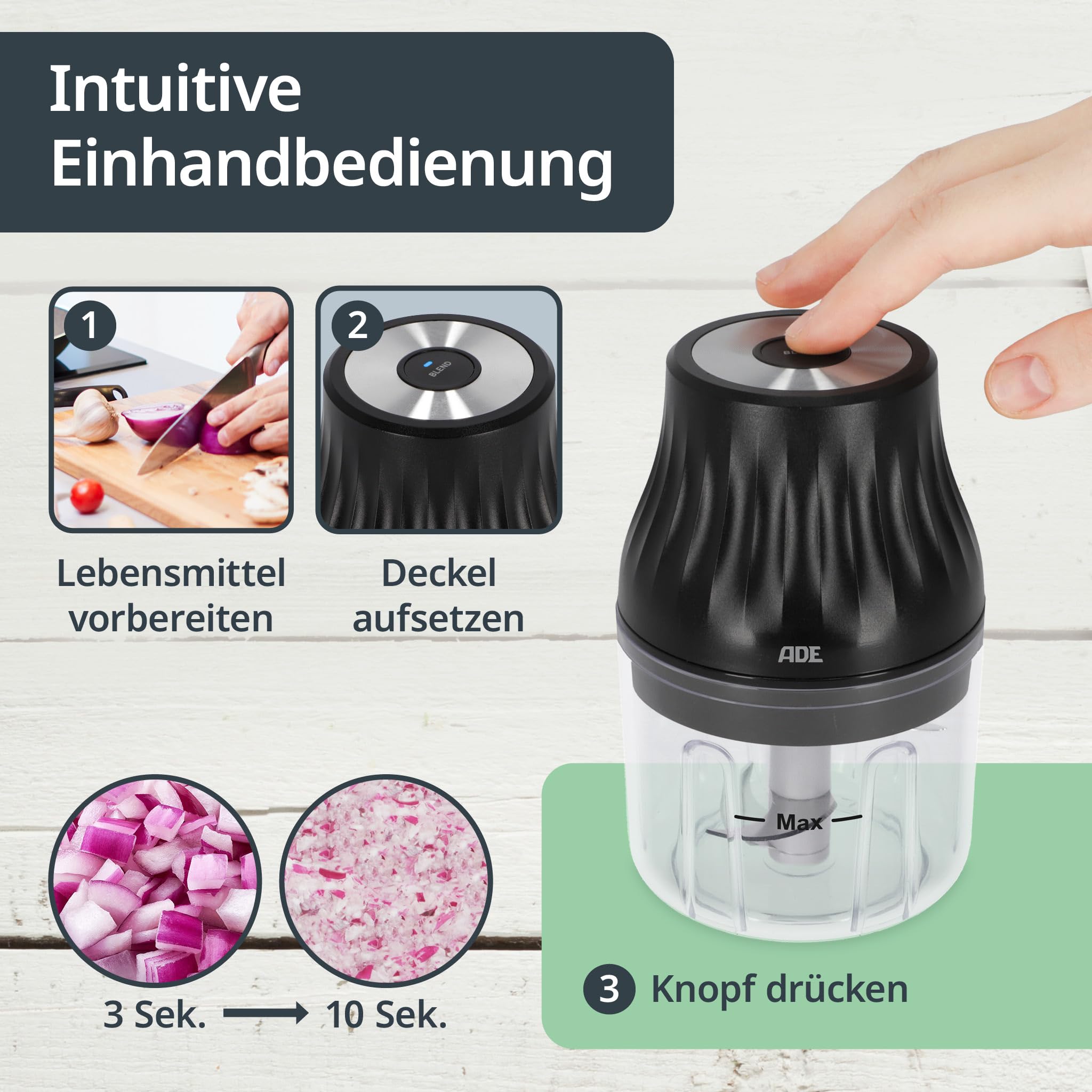 ADE Zwiebel Zerkleinerer Küche elektrisch mit Akku | Mini Mixer klein für Pesto, Kräuter, Soßen, Dips | Multizerkleinerer | Zwiebelschneider | Food processor inkl. USB-C Kabel