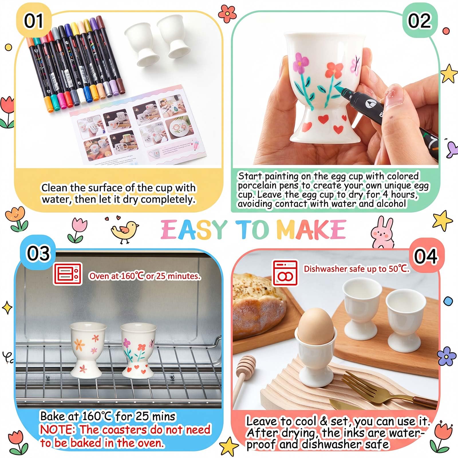 Sinmoe 6 Coquetier Oeuf en Ceramique Peindre Votre Propr Coquetier avec 12 Pièces 24 Couleurs Stylo en Porcelaine et Boîte de Cadeau Support pour Œuf à la Coque pour DIY Cadeau Pâques Anniversaire