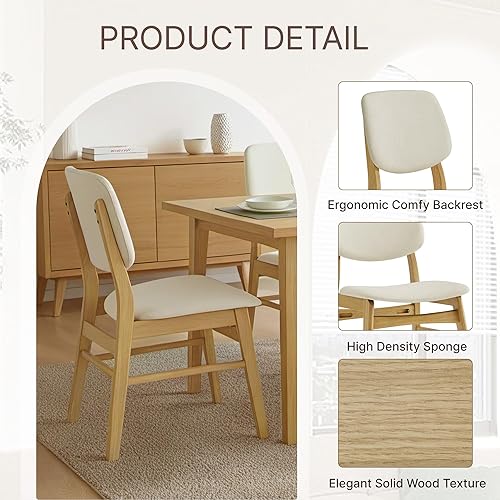 Miniatura 4 de Juego de 2 sillas de comedor de madera, sillas de comedor modernas tapizadas, sillas de cocina de madera de roble macizo de mediados de siglo para