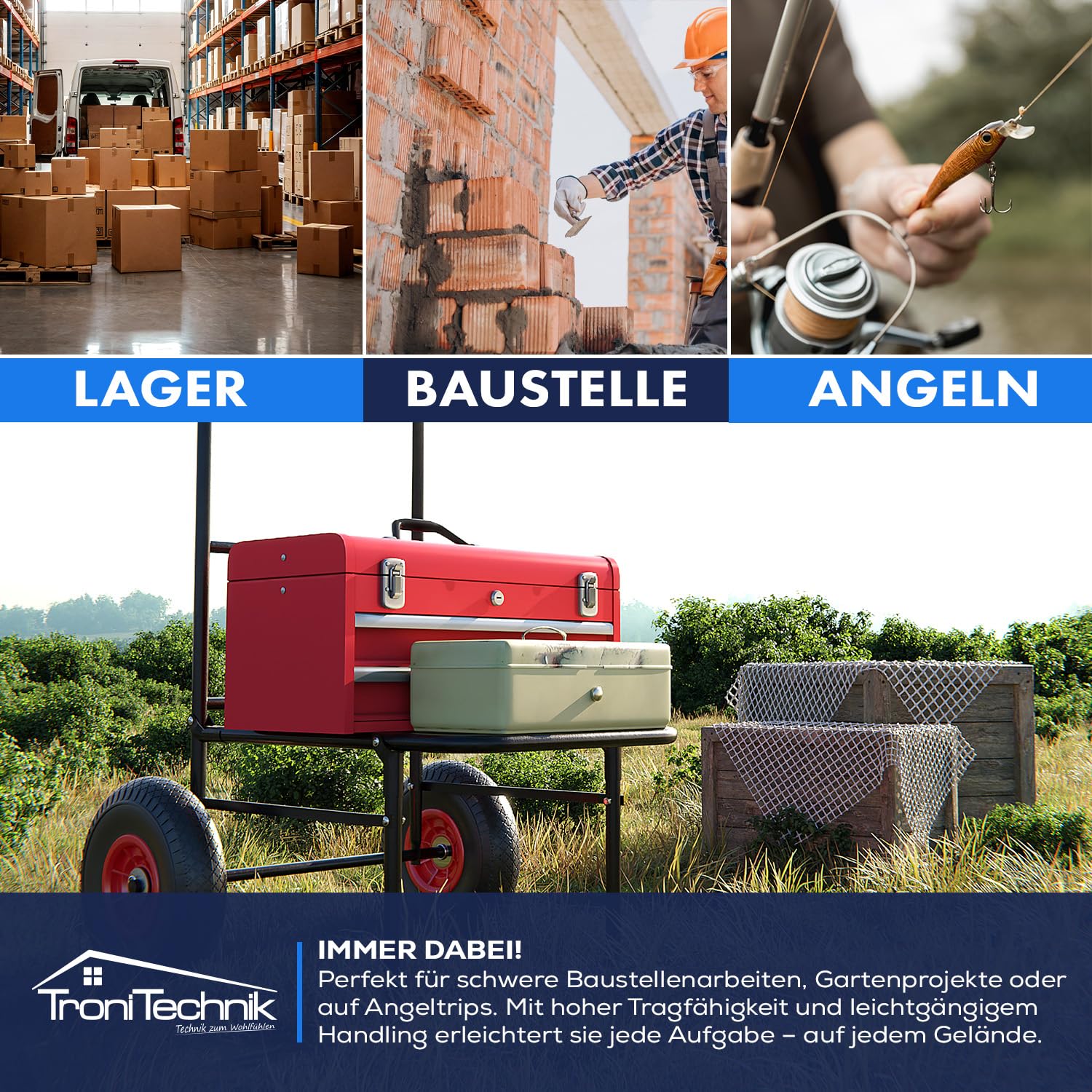 Tronitechnik® Anglerkarre klappbar mit Luftbereifung, 67x55x102 cm, Faltbarer Transportwagen bis 100 kg Tragkraft, stabile Sackkarre für Garten, Camping, Angeln und Freizeit