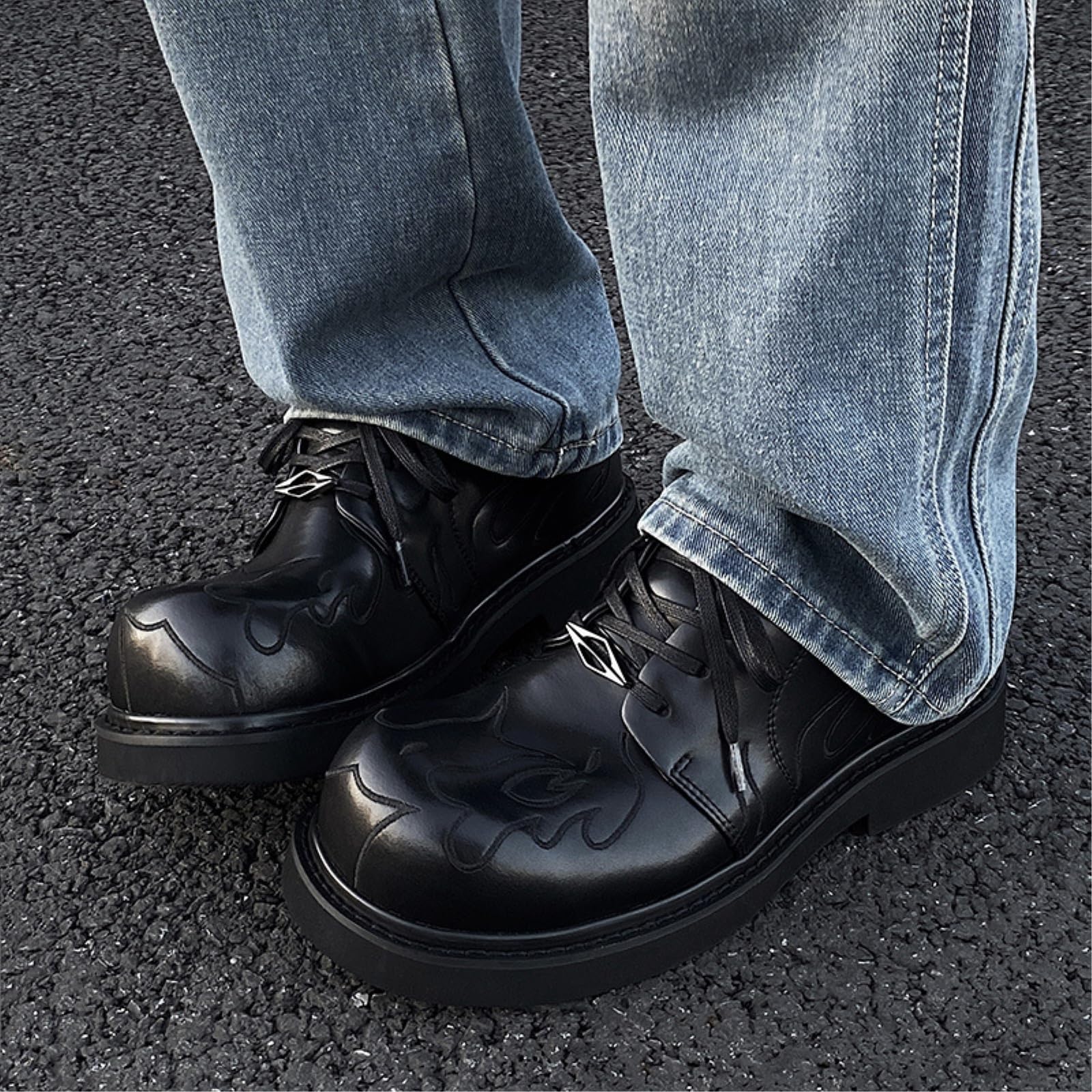 GFZMF Męskie buty derby z dużą głową, dwoina skóra bydlęca z haftowanym wzorem, gumowa podeszwa piankowa, ciemny styl, sznurowane buty biznesowe, czarne