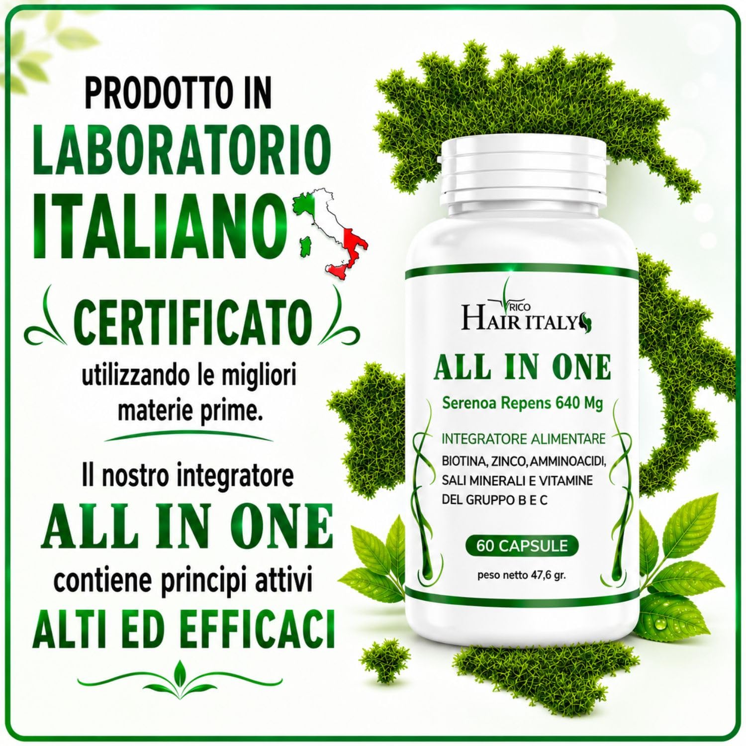 Integratore capelli e Vitamine capelli + serenoa repens+biotina+zinco+Selenio+Saw Palmetto e Caffeina.Multivitaminico Estratti Vegetali e Vitamine,Supporta la crescita aiuta contro la caduta.