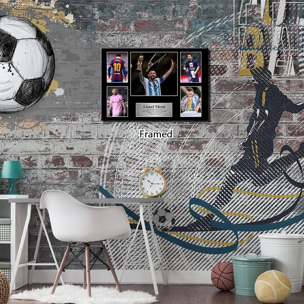 Framed Superstar Messi Signed Poster for Kids Fans Room Bedroom Wall Decor-American Soccer Posters Canvas Art Prints Picture for Teen Boy Birthday Gifts
