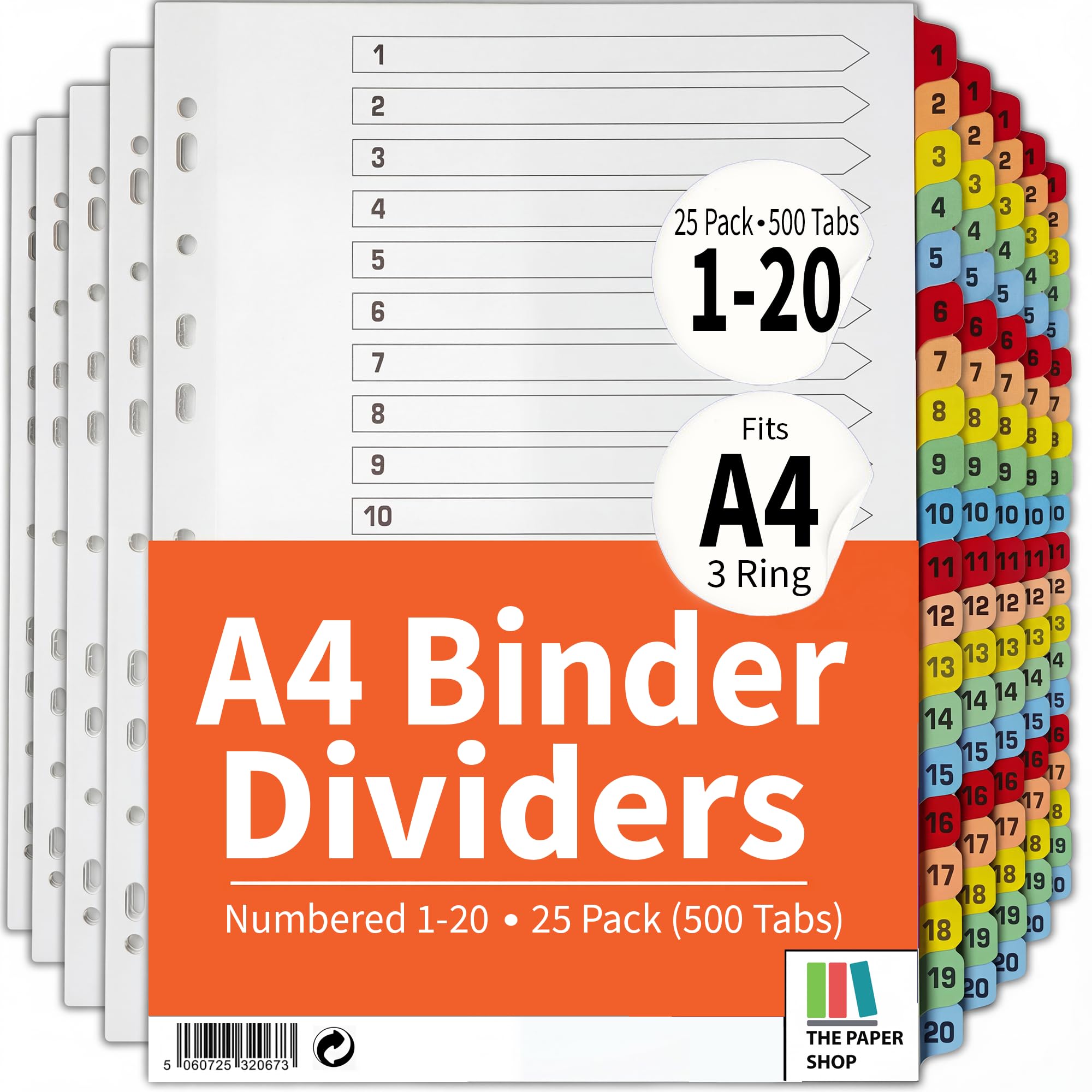 Photo 1 of [25 Pack] A4 File Dividers 20 Part Numbered 1-20 | A4 Subject Dividers 20 Part Numbered 1-20 with Multipunched Reinforced Colour Tabs 150gsm