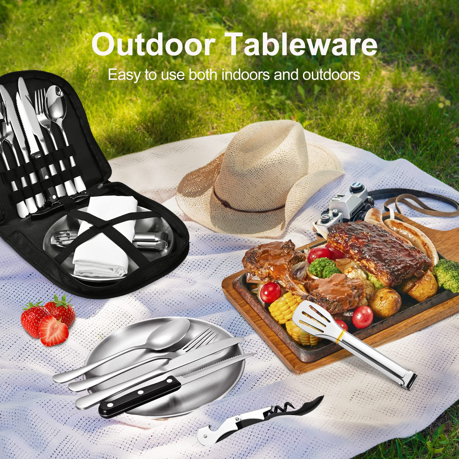 Couverts Pique-Nique 10 Pièces Acier Inoxydable Pour 2 Personnes - Kit Camping Portable Avec Sac