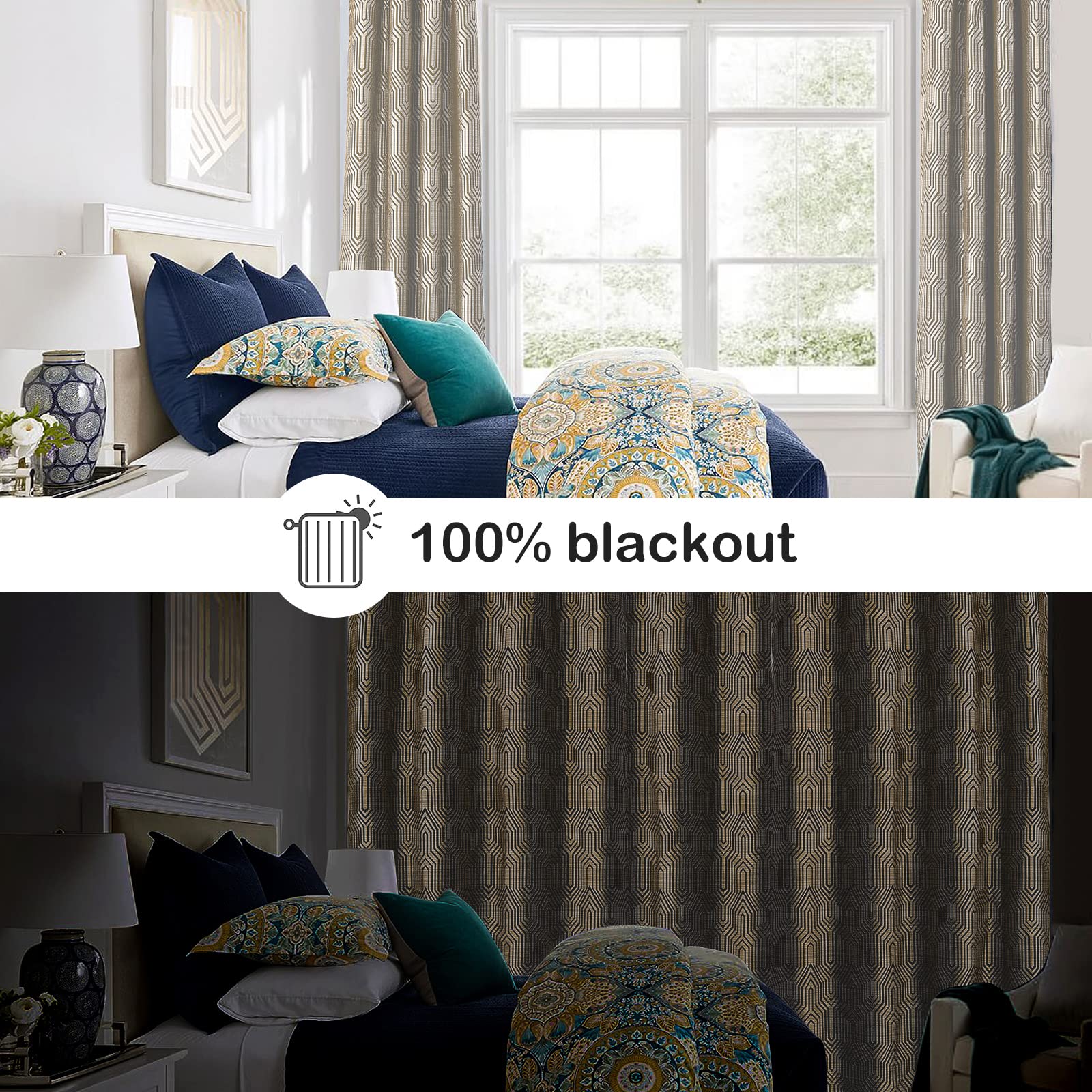 Light Brown 100% Blackout Jacquard Geometric Pattern Curtains,52 Inch Wide 84 Inch Length 2 Panels with White Liner, Thermal Insulated Noise Reducing Anti-Rust Grommet Drapes for Bedroom Living Room