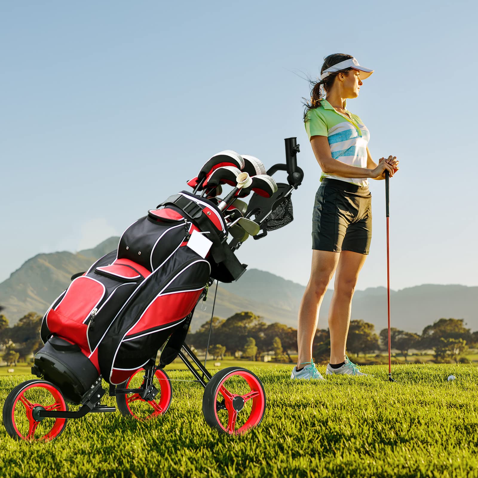 COSTWAY Carrello da Golf Pieghevole a 3 Ruote, con Sedile, Maniglia Regolabile in Altezza, Rabellone Segnapunti, Portabevande, Portaombrelli e Freno a Pedale