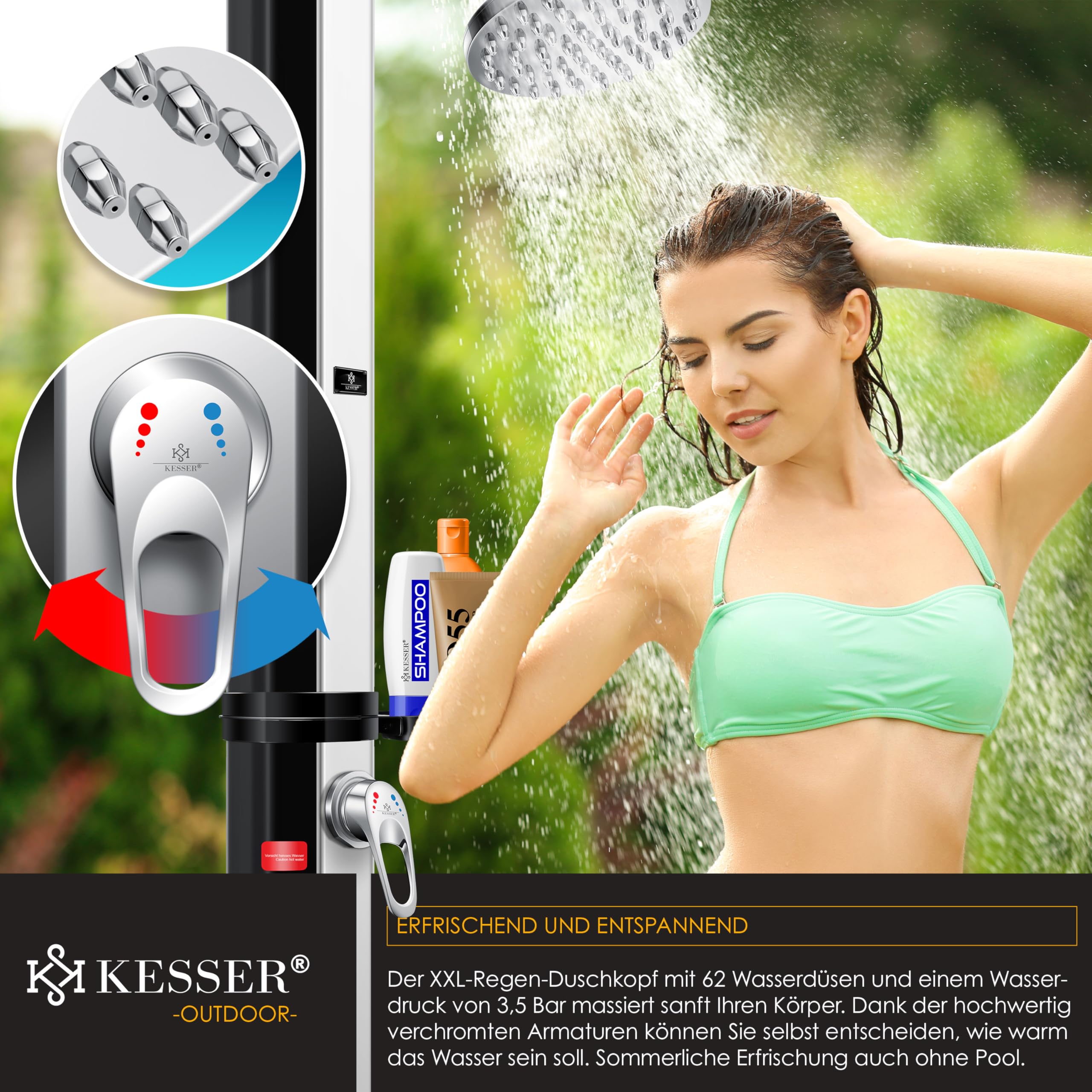 Kesser® Douche solaire de jardin 40 litres avec support de douche en métal et housse de protection | eau chaude | max. 60°C | Douche de piscine et de camping | Tête de douche à effet de pluie et