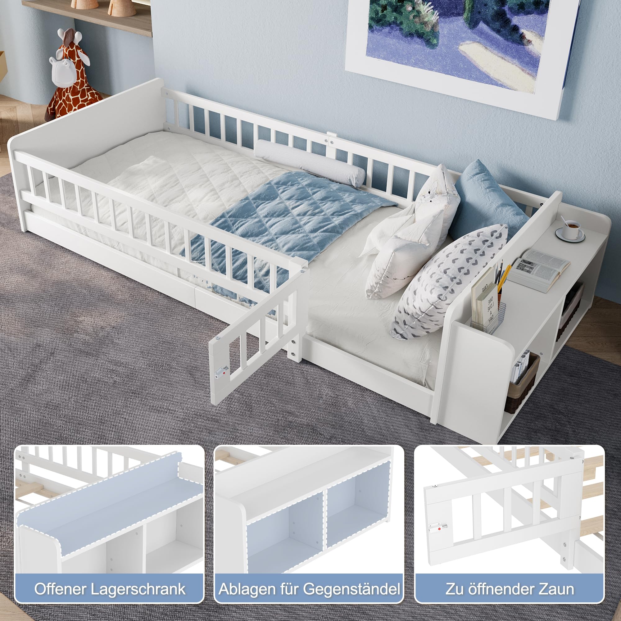 Kinderbett 90 x 200, Kinderbettgestell aus Massivholz mit Stauraum, Vollschutzgitter und Türen und Lattenrost, Holzbett mit Einlegeböden, Rausfallschutz, Kinder Bett, Hausbett, Ohne Matratze, Weiß