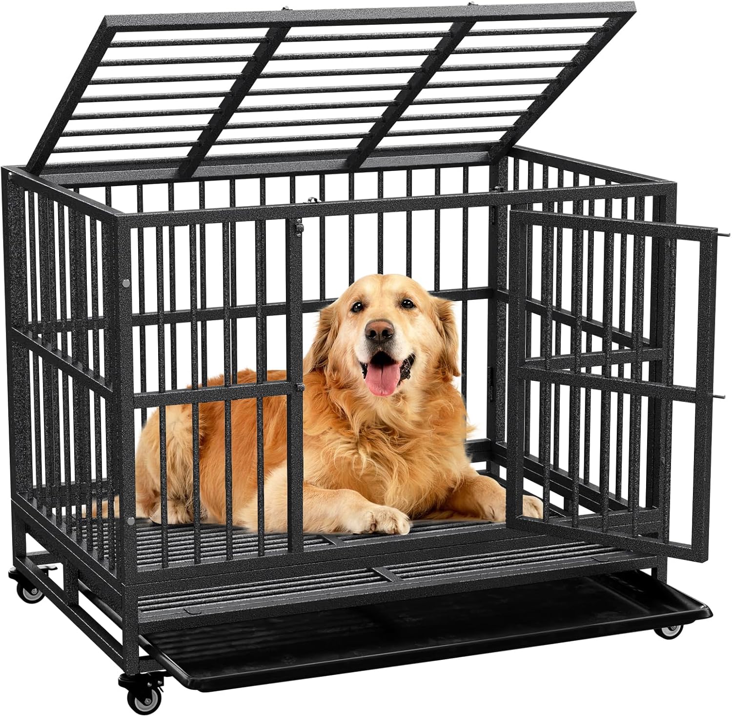 Dog Crate with Removable Tray, 42″ Dog Cage Kennel for Large Dogs, Heavy Duty Dog Carrier with Lockable Wheels, High Anxiety Double Door, Black
