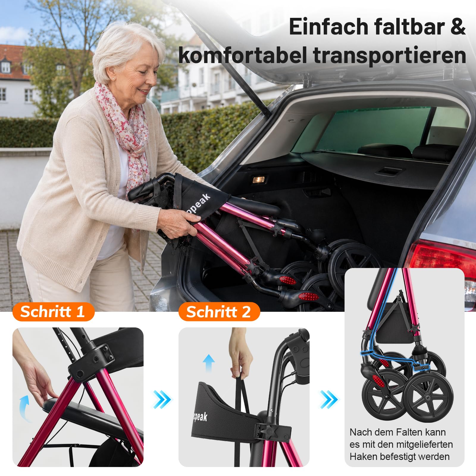 R4 Rollator faltbar und leicht mit Sitz, Rollatoren schmal für Wohnung, Rollatoren für Senioren klappbar mit 20 cm Reifen für All-Terrain, Sitz- und Griffhöhe verstellbar