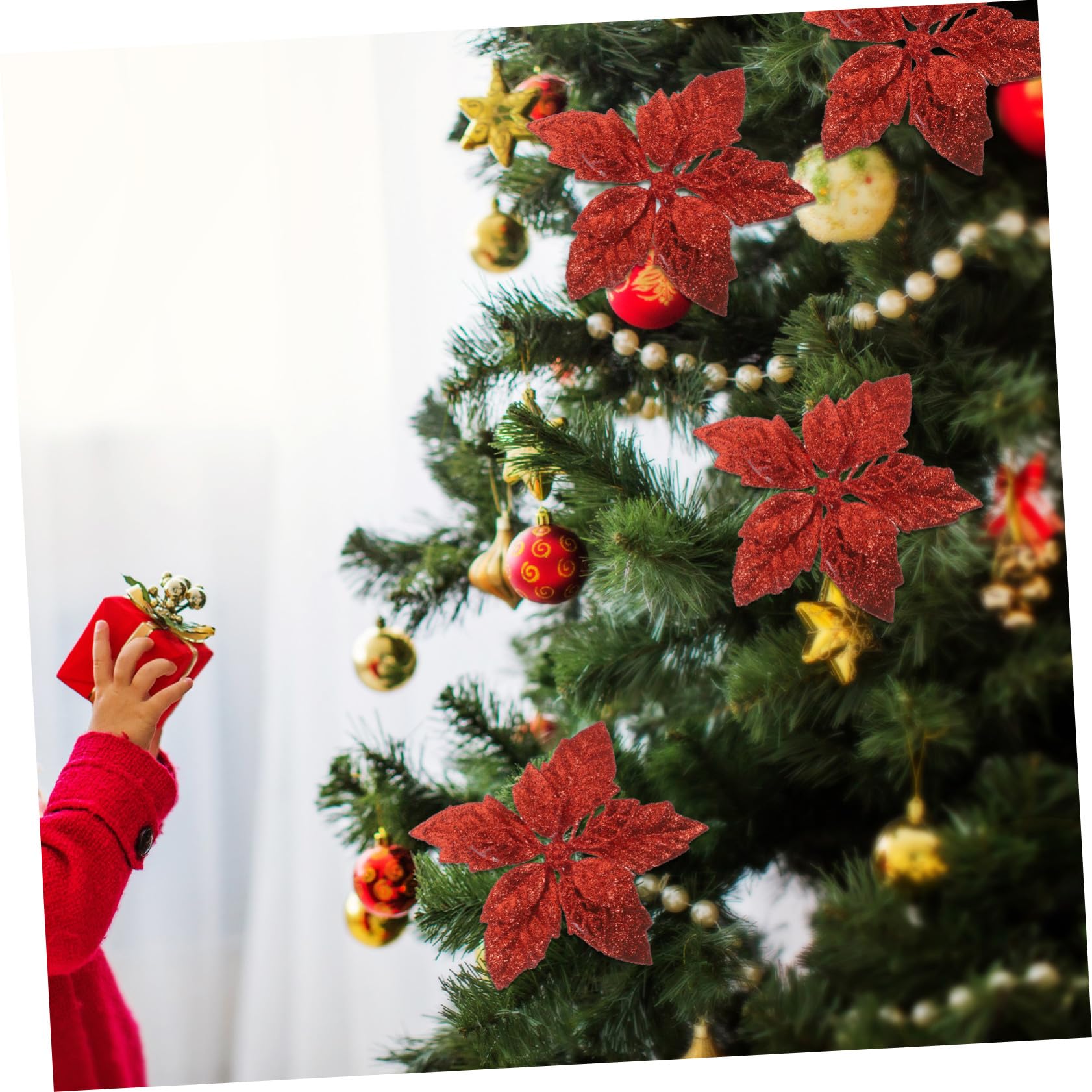 Amazon｜GRIRIW 10個グリッターポインセチア 造花 クリスマスツリー用