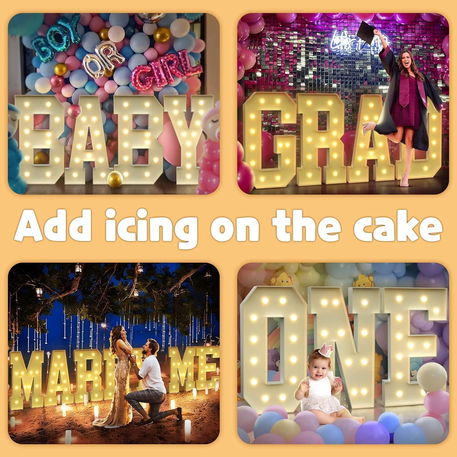 Große neonbeleuchtete Buchstaben mit Mosaik-Ballonrahmen und Ballonbogen-Set, perfekt für Geburtstage, Hochzeiten und Babypartys