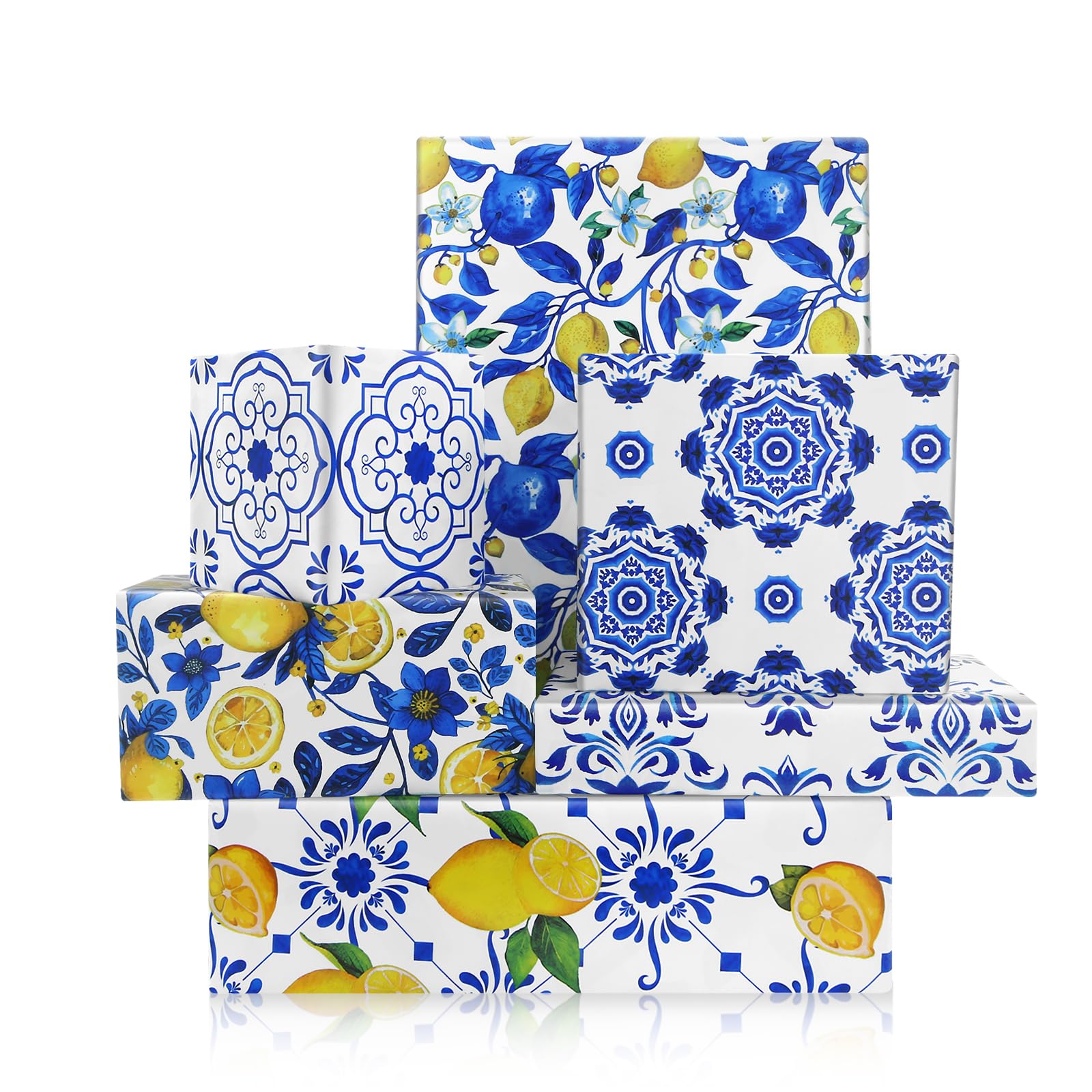 Blue Tiles Lemon Wrapping Paper, Vintage Blue and White Porcelain Chinoiserie Watercolor Wrapping Paper, 6 Foled Flat 50x70cm per Sheet, For Birthday Anniversary Wedding Baby Shower