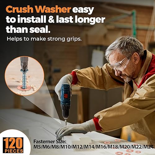 Miniatura 5 de Kit de surtido de arandelas de cobre, arandelas planas trituradas para tapones de aceite, tapones de drenaje, pernos banjo, juego de arandelas de