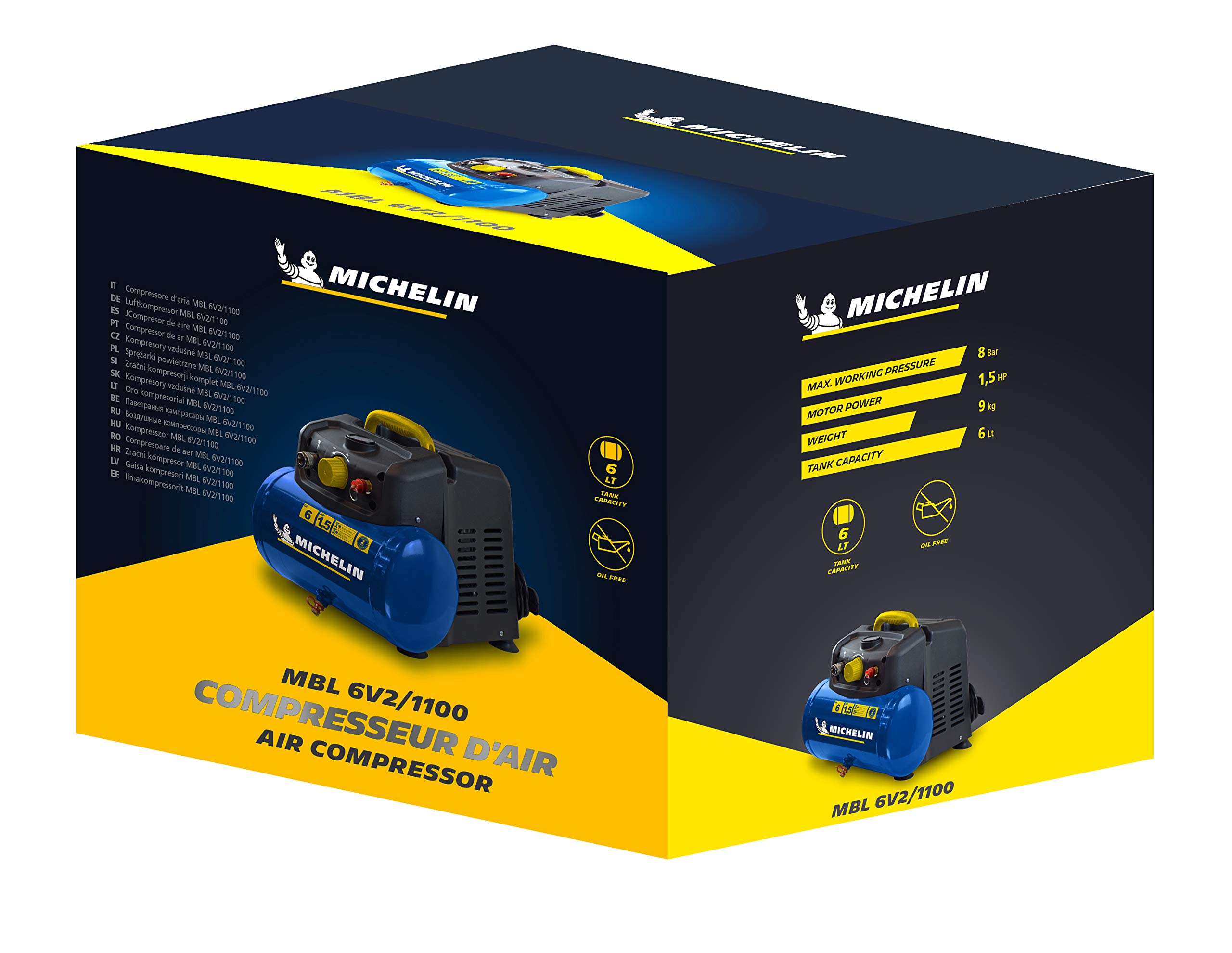MICHELIN - Compresor de aire portátil MBL6 - Tanque de 6 litros - Sin aceite - Motor de 1,5 hp - Presión máxima 8 bar - Flujo de aire 160 l/min - 9,6 m³/h