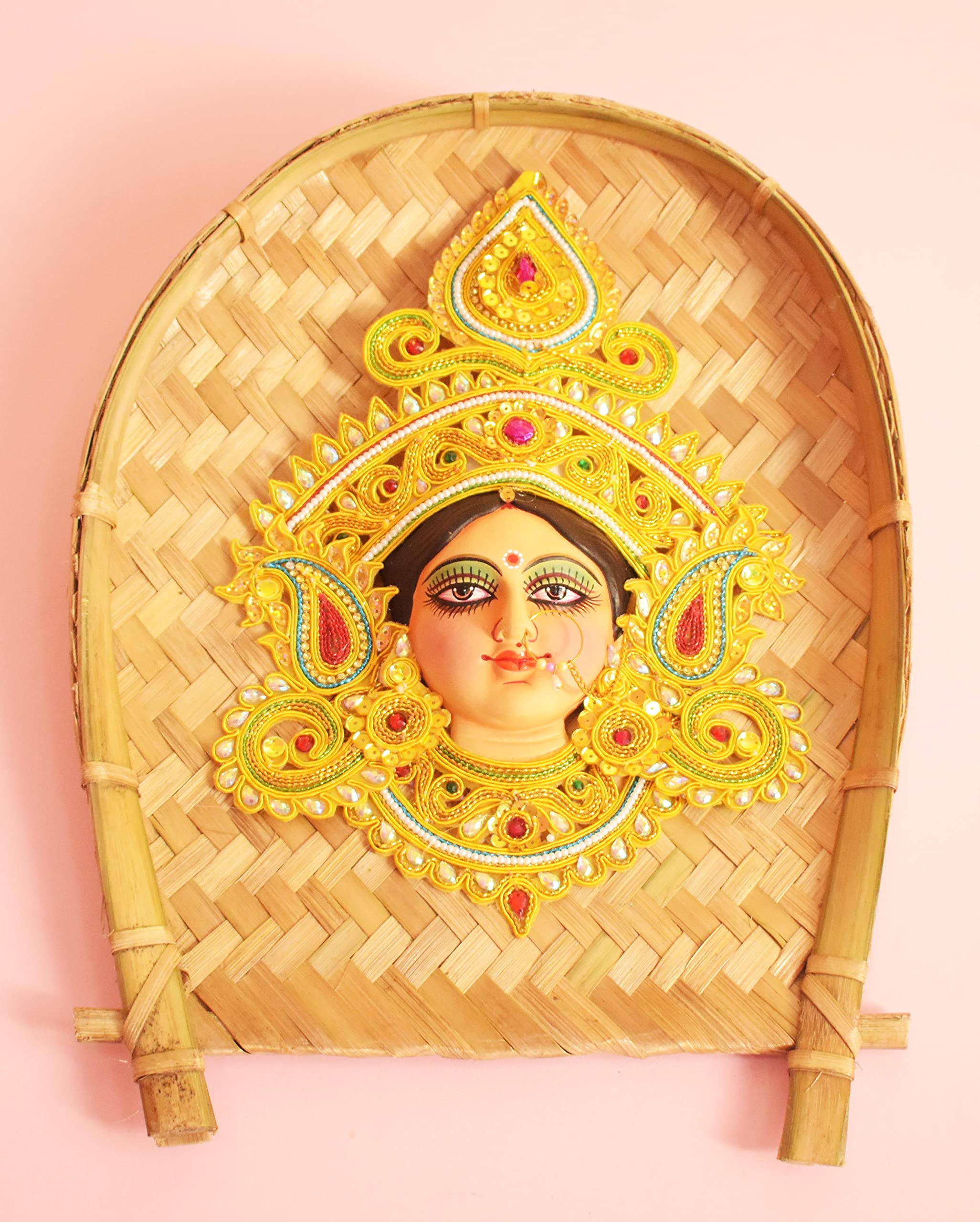 Maha Laxmi Clay Wall Hanging on Bamboo Kulo, Golden