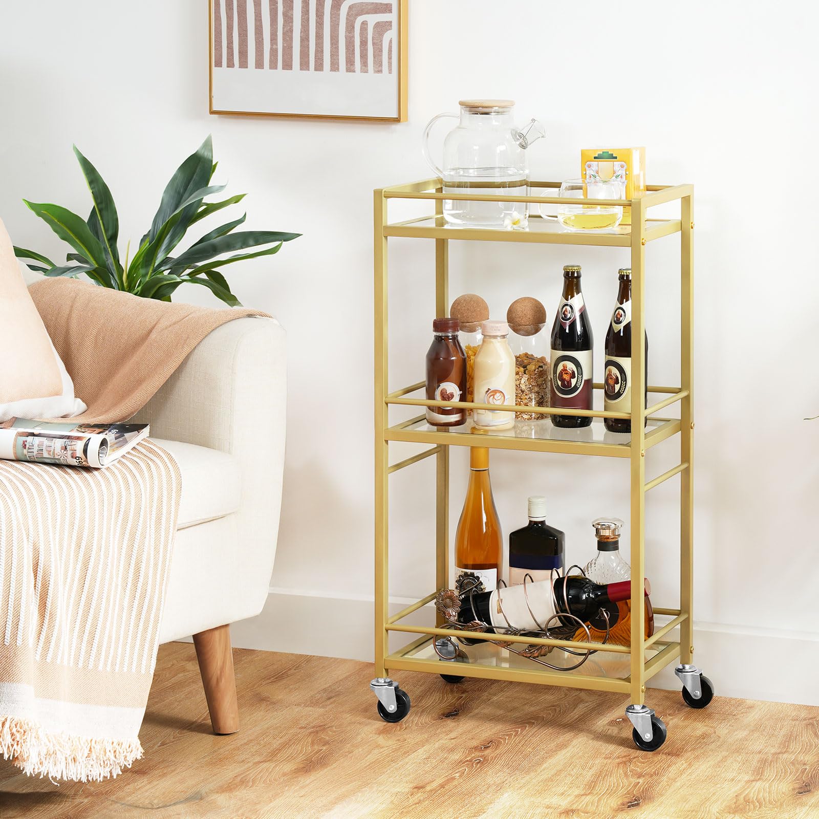 MAHANCRIS Bar Cart for The Home, 3-Tier Drink Cart on Wheels, Home Bar Serving Cart, Mini Bar Cart for Small Space, Kitchen, Dining Room, Gold