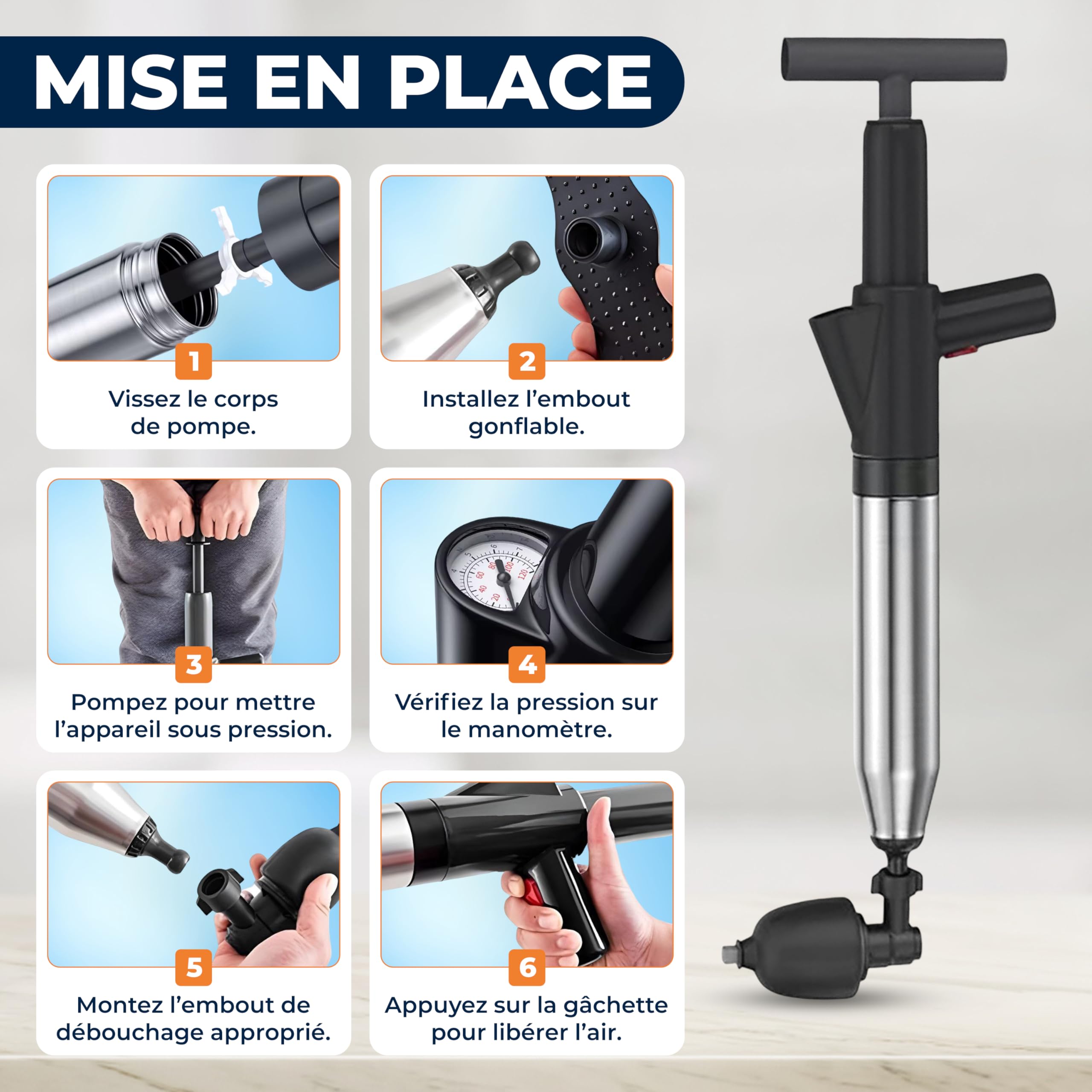 DRAINIX PRO | Déboucheur Canalisation à Air Comprimé, Ventouse Déboucheur WC, Évier et Douche pompe professionnel pour Déboucher Canalisation, Siphon et Tuyaux + notice en FRANCAIS